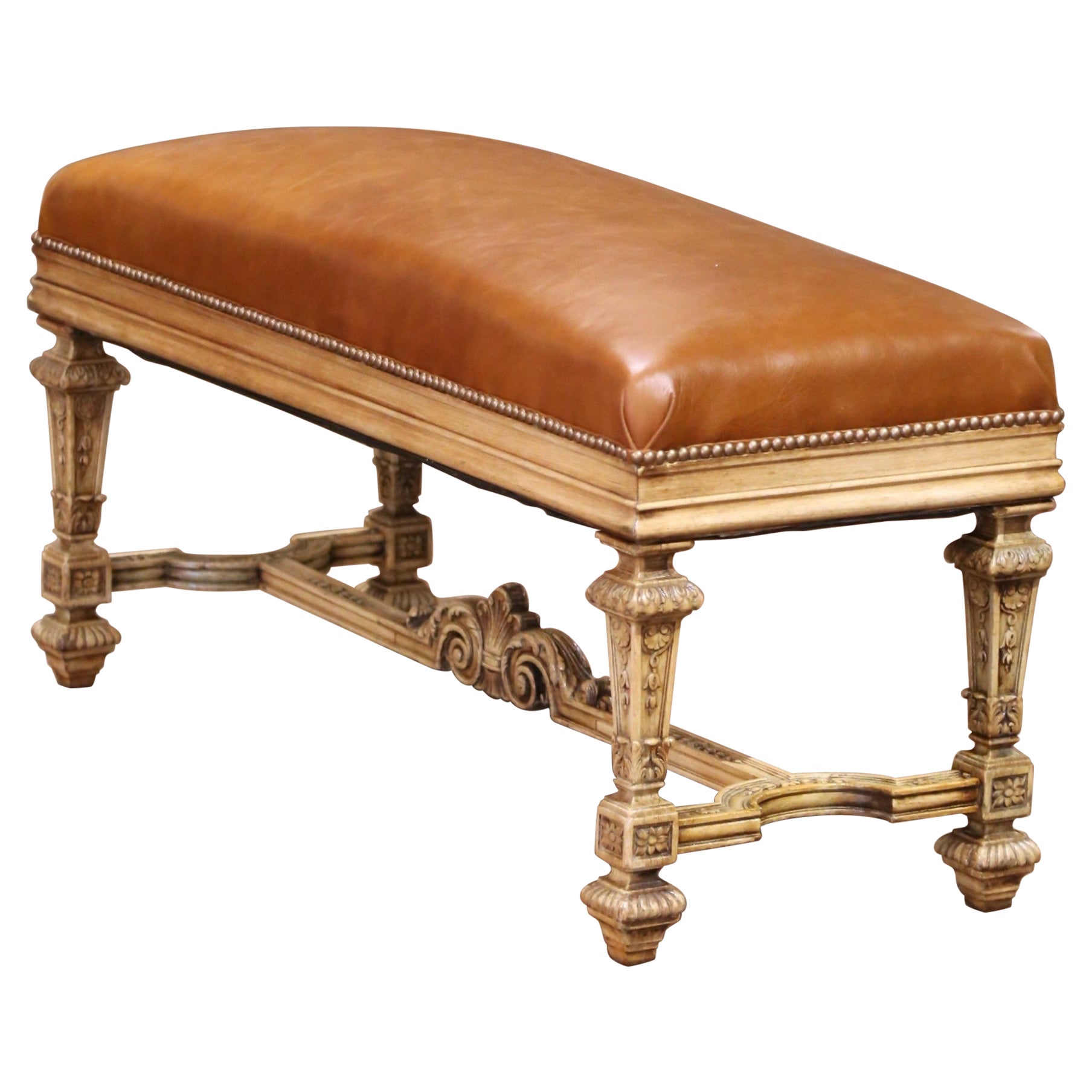 19th Century French Louis XIV Style Carved Bleached Oak Bench with Leather Seat For Sale