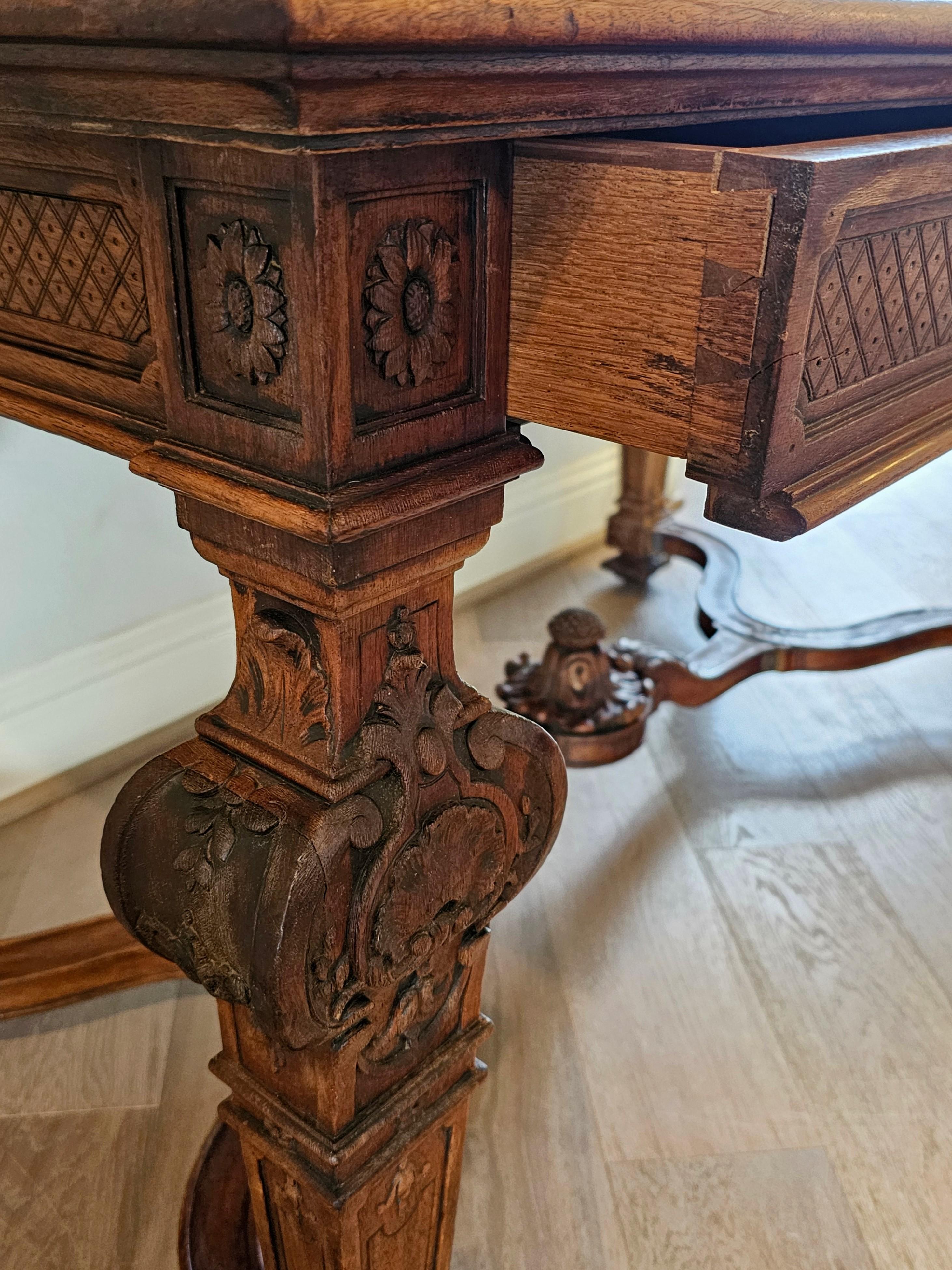 19th Century French Louis XIV Style Carved Walnut Library Table Writing Desk  For Sale 7