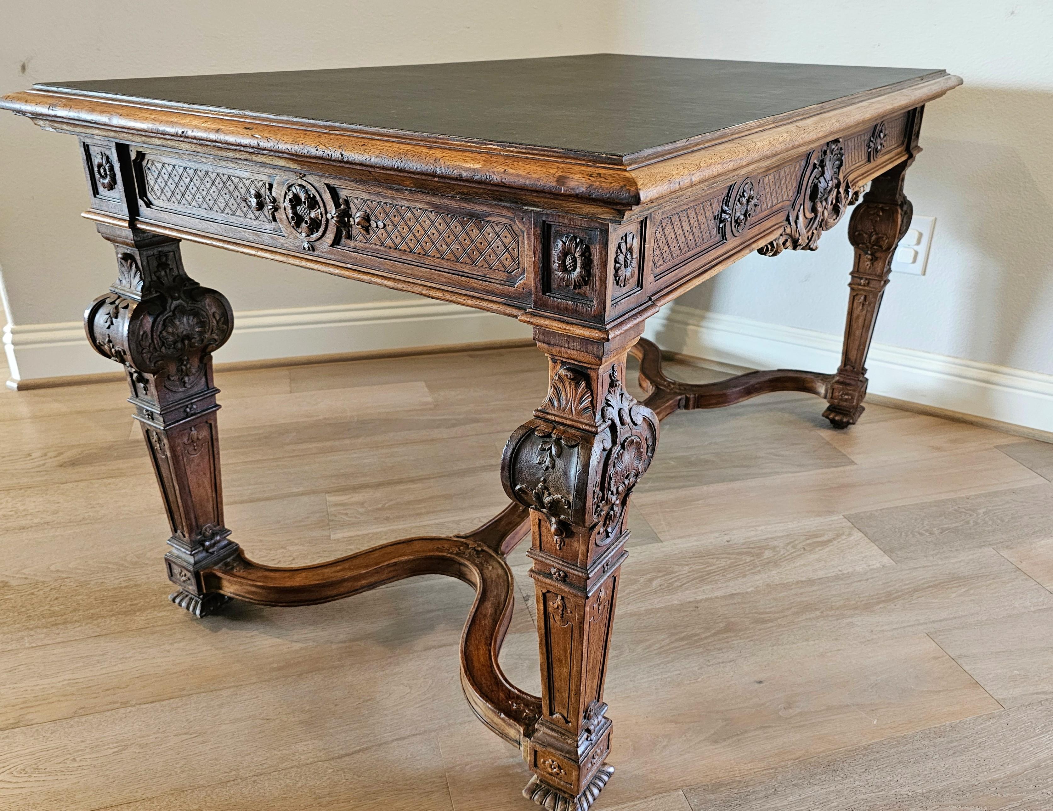 19th Century French Louis XIV Style Carved Walnut Library Table Writing Desk  For Sale 8