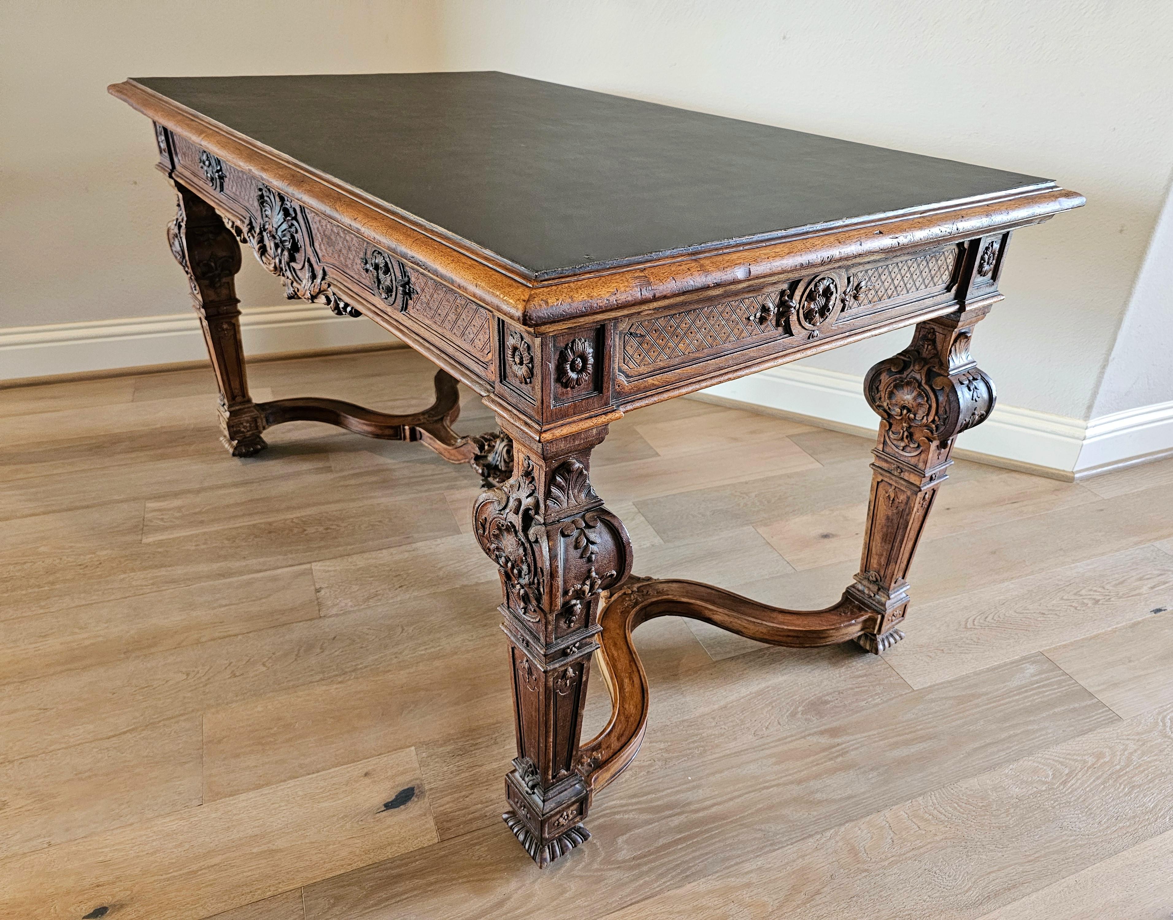 19th Century French Louis XIV Style Carved Walnut Library Table Writing Desk  For Sale 9