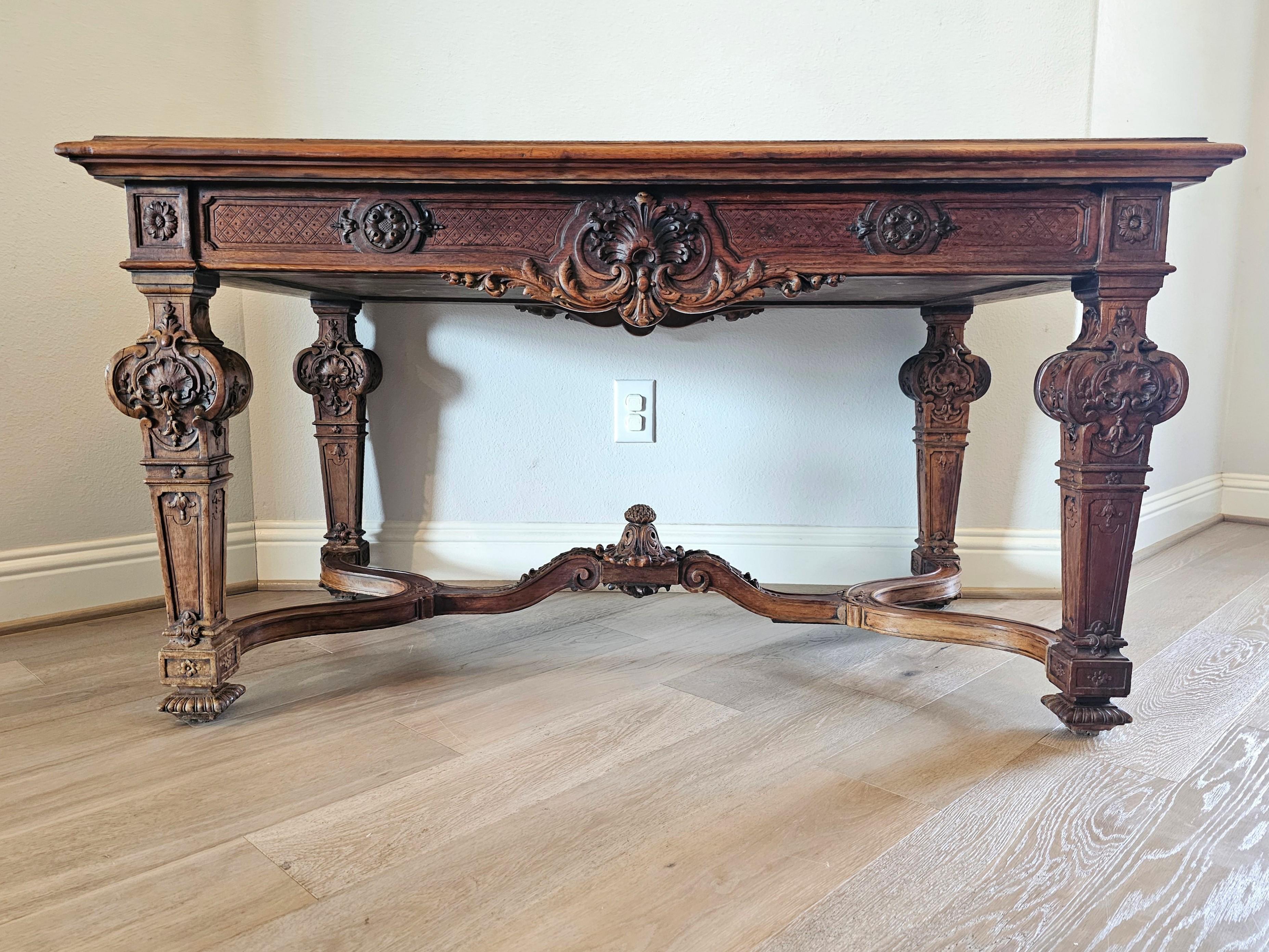 19th Century French Louis XIV Style Carved Walnut Library Table Writing Desk  For Sale 10