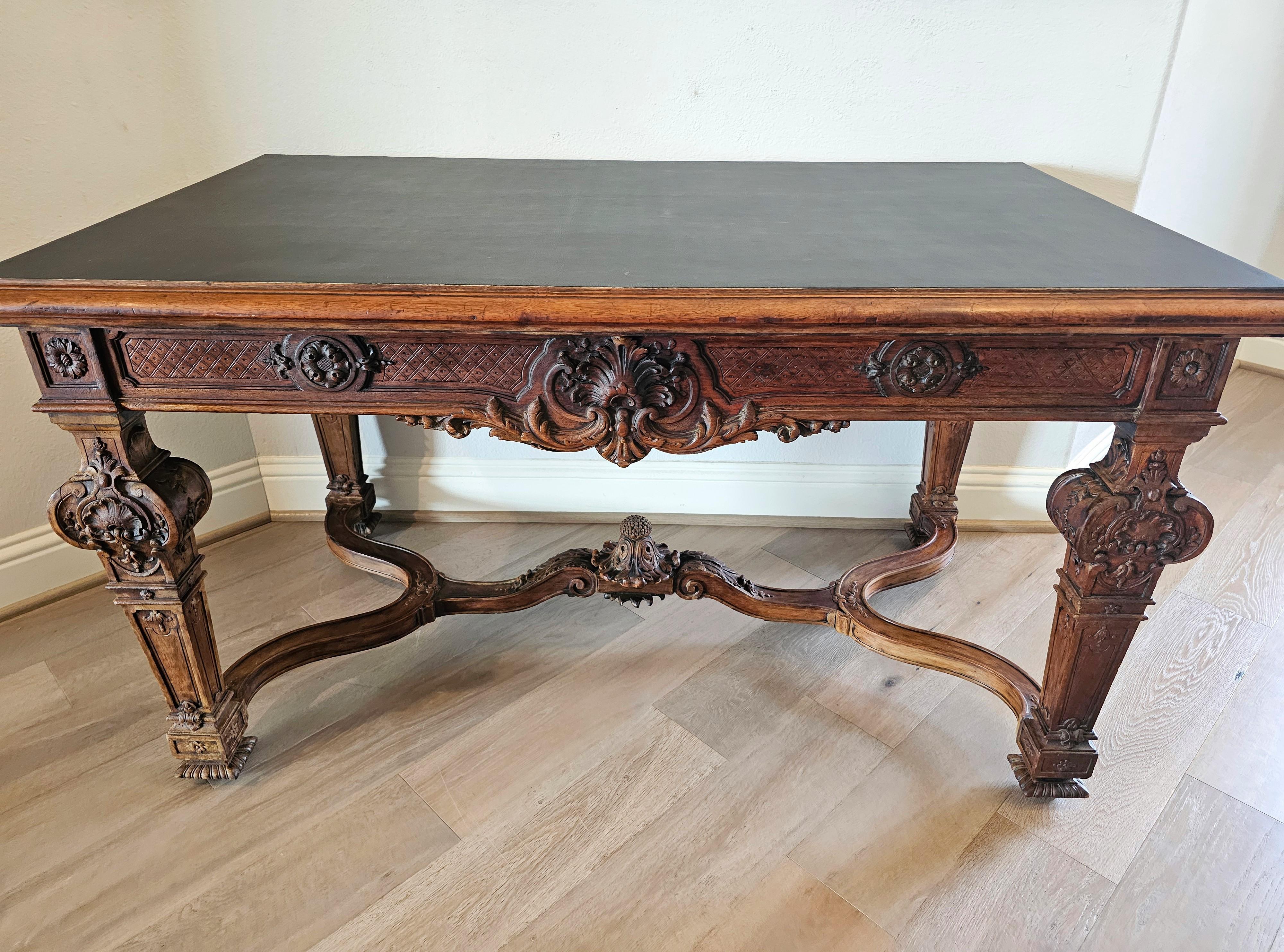 19th Century French Louis XIV Style Carved Walnut Library Table Writing Desk  For Sale 11