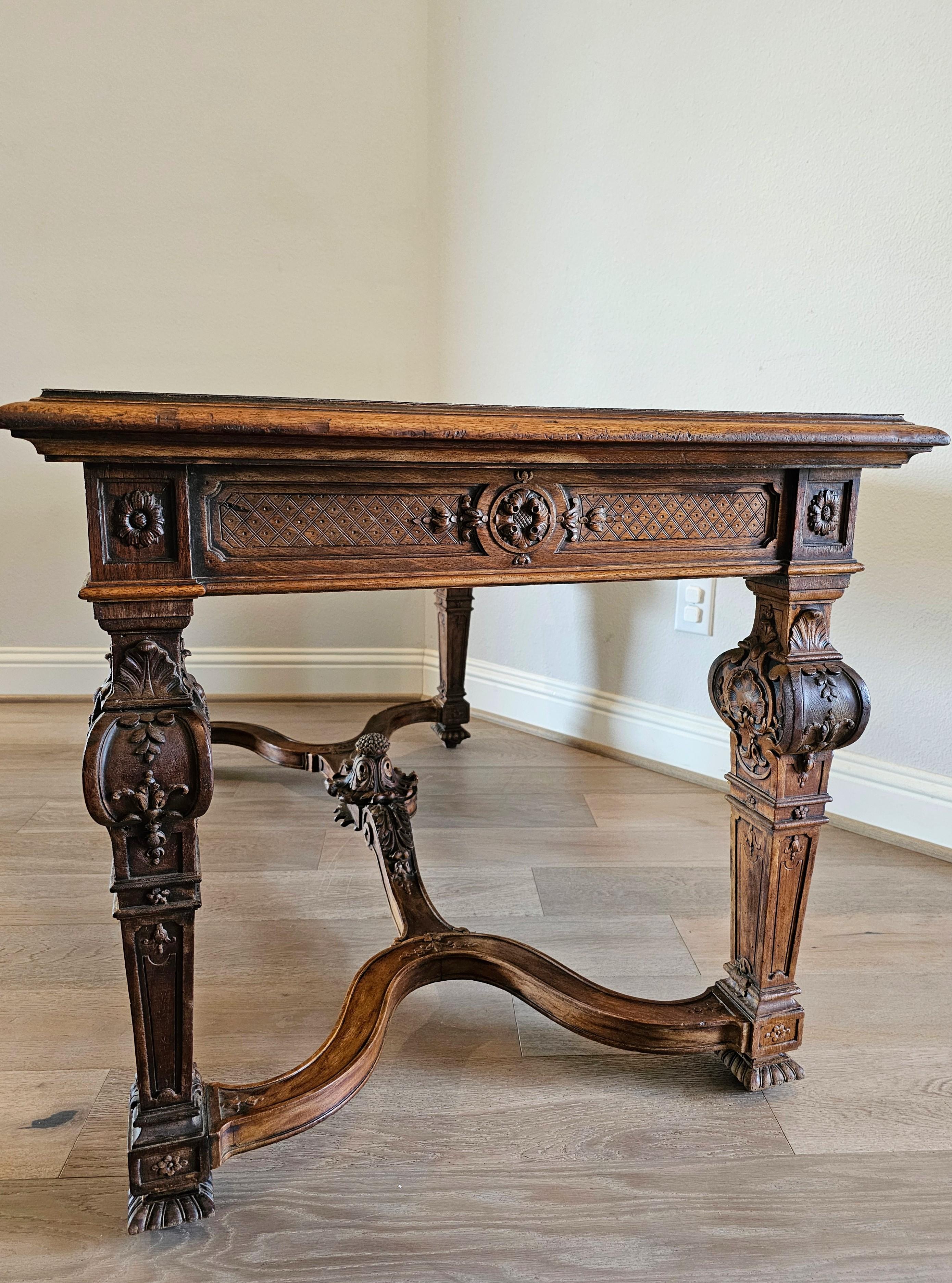 19th Century French Louis XIV Style Carved Walnut Library Table Writing Desk  For Sale 13