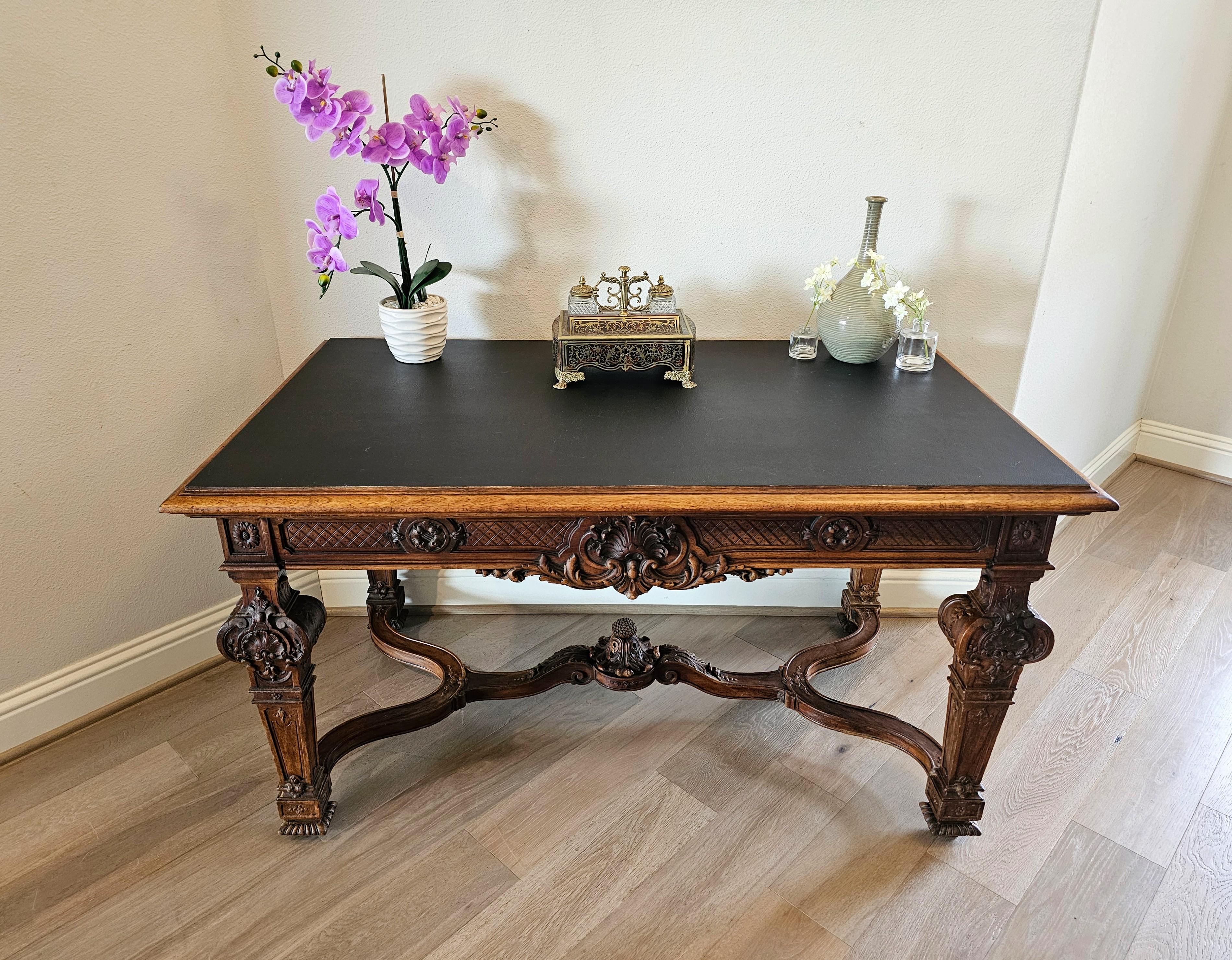 19th Century French Louis XIV Style Carved Walnut Library Table Writing Desk  For Sale 15