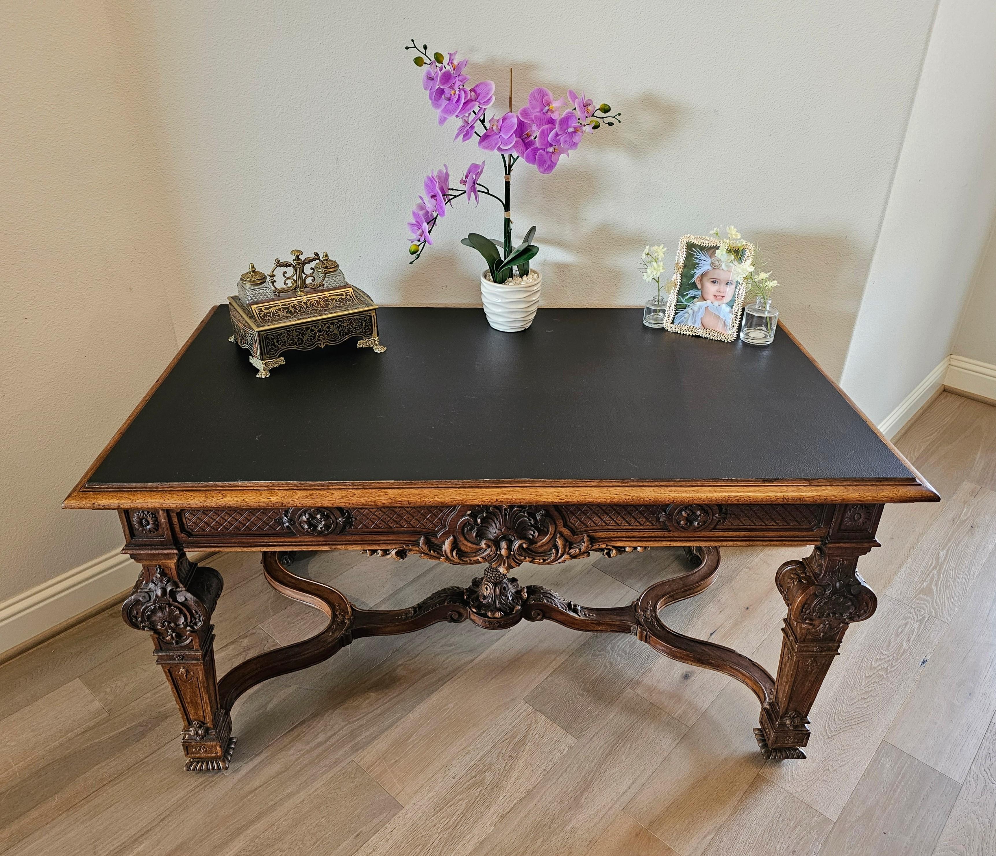 Hand-Carved 19th Century French Louis XIV Style Carved Walnut Library Table Writing Desk  For Sale
