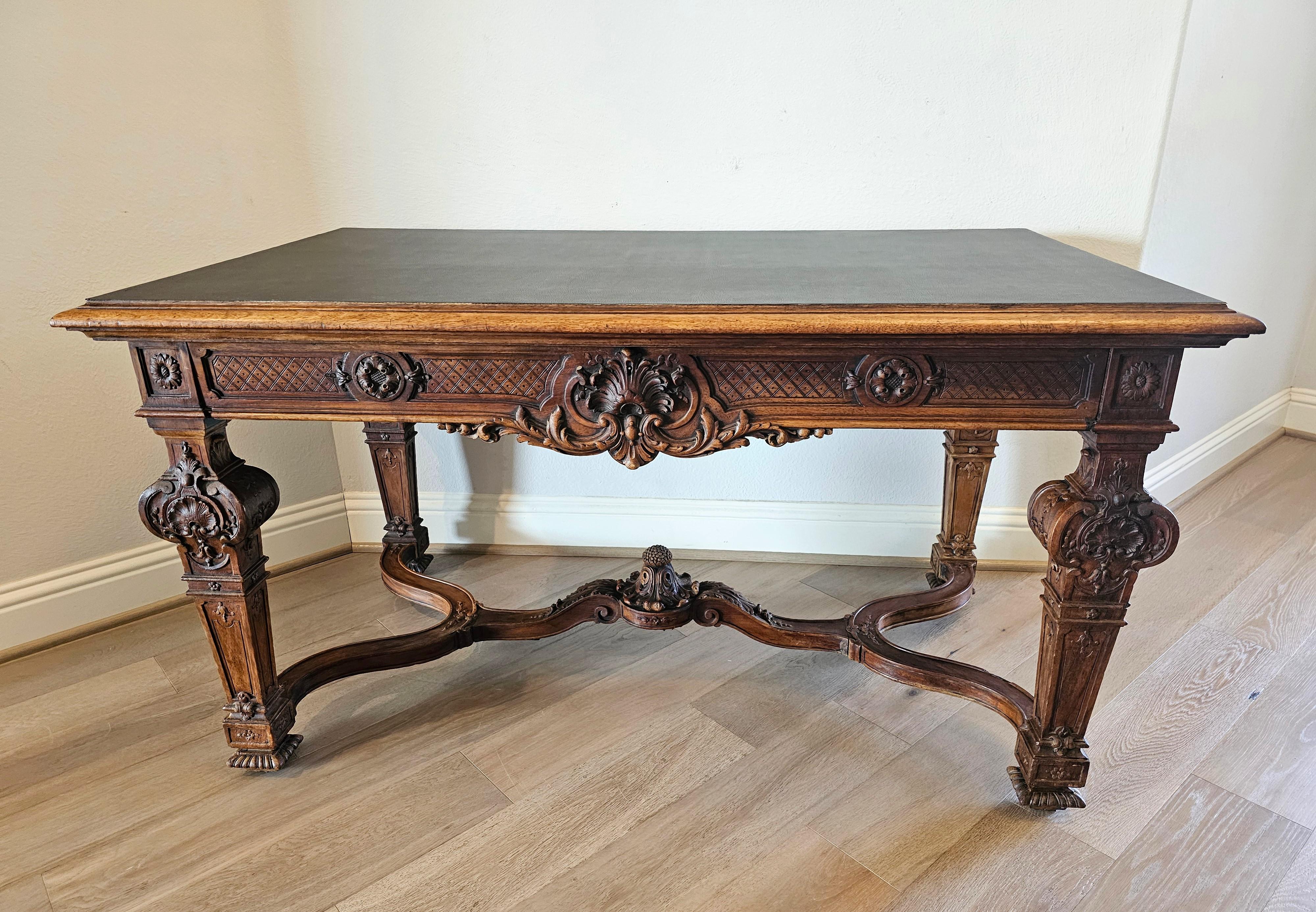19th Century French Louis XIV Style Carved Walnut Library Table Writing Desk  In Good Condition For Sale In Forney, TX