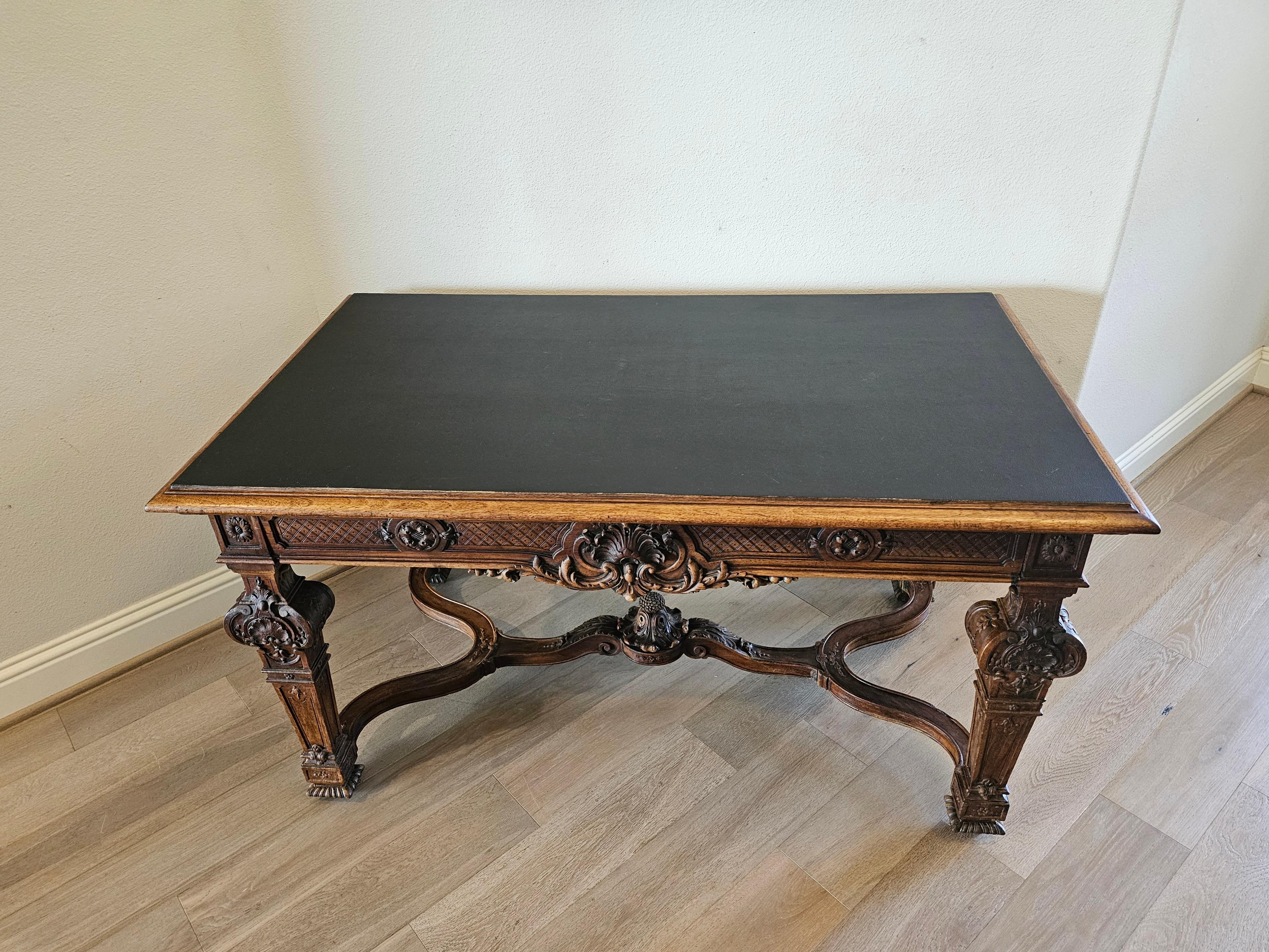 Faux Leather 19th Century French Louis XIV Style Carved Walnut Library Table Writing Desk  For Sale