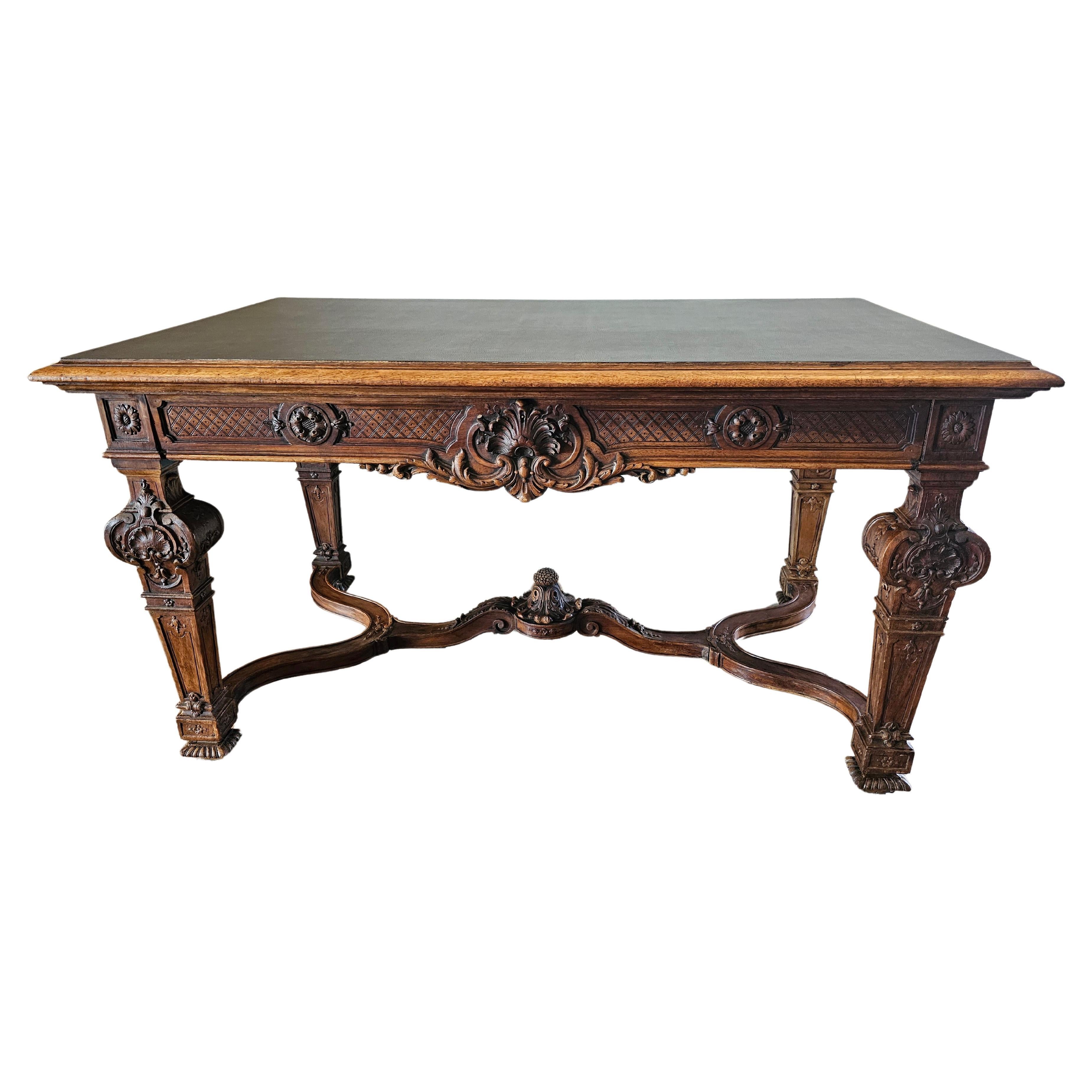19th Century French Louis XIV Style Carved Walnut Library Table Writing Desk 