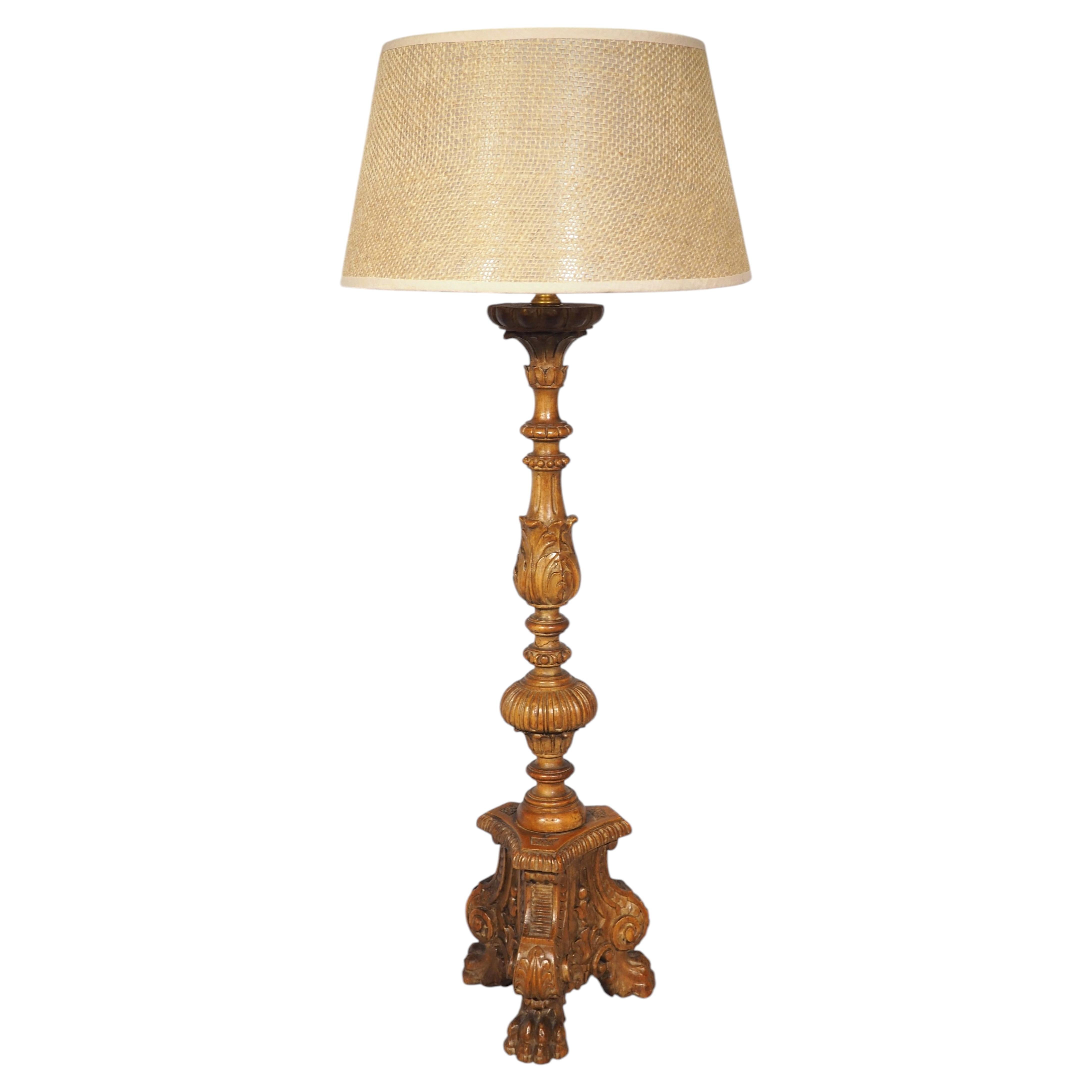 19th Century French Louis XIV Style Carved Wooden Candlestick Lamp