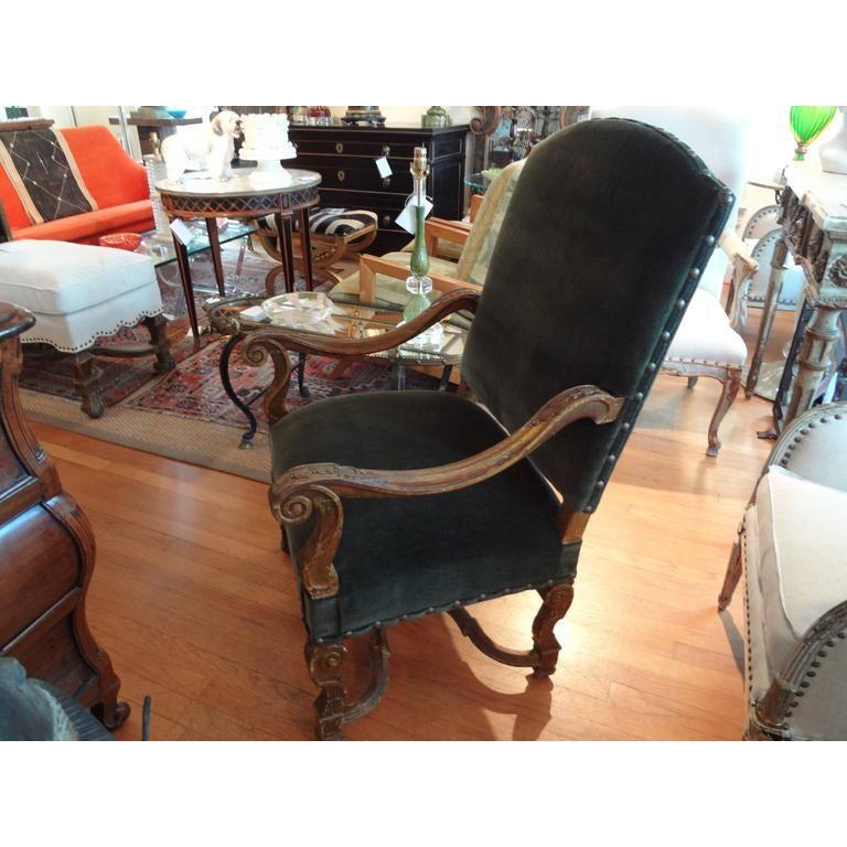 Handsome and comfortable, beautifully detailed antique French Louis XIV style chair or armchair or fauteuil. This side chair is newly upholstered in mohair like fabric with spaced brass nailhead trim. Beautiful patina.