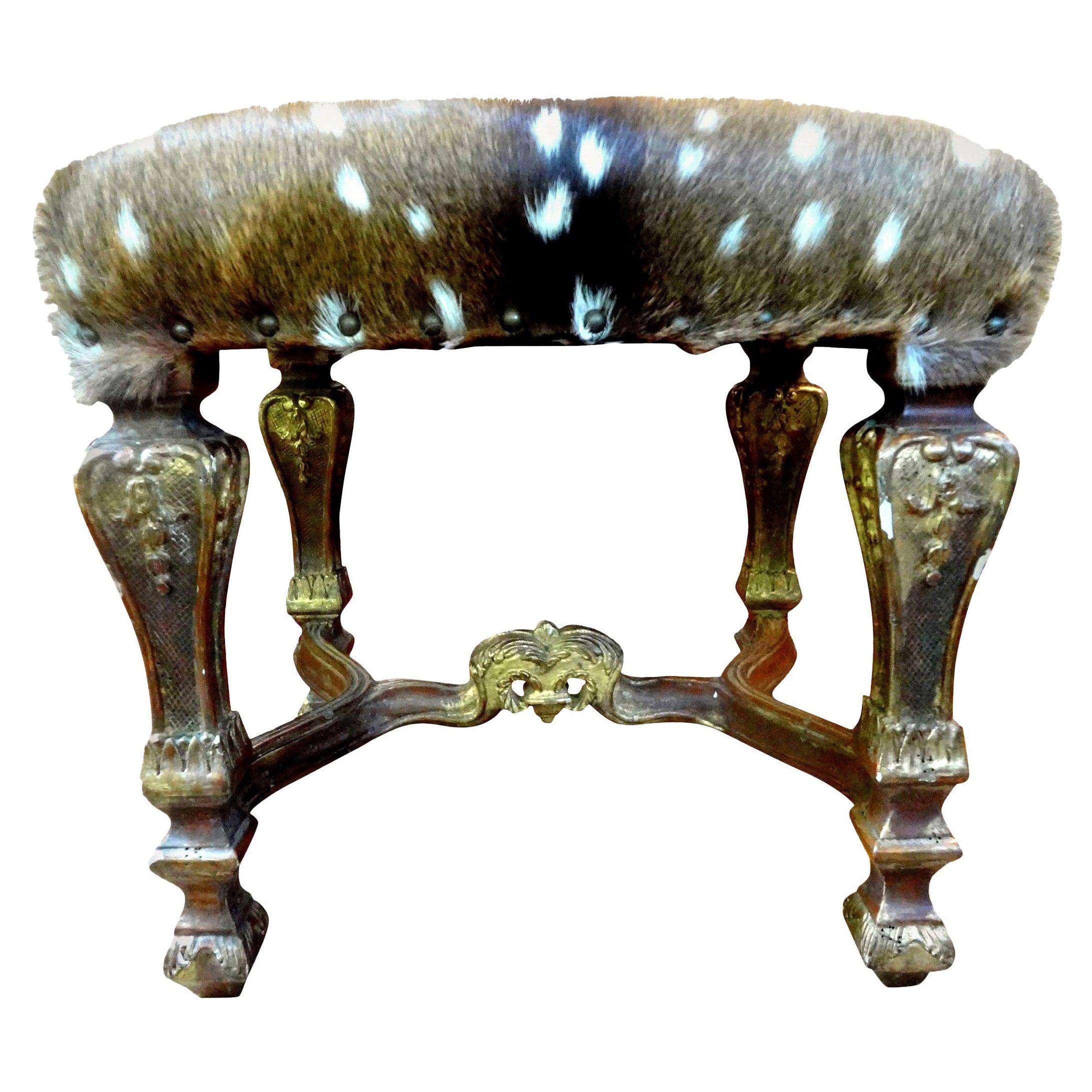19th Century French Louis XIV Style Giltwood Bench with Deer Hide For Sale 6