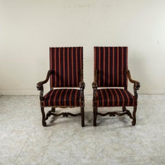 19th Century French Louis XIV Style Hand Carved Walnut Armchairs with Lion Heads
