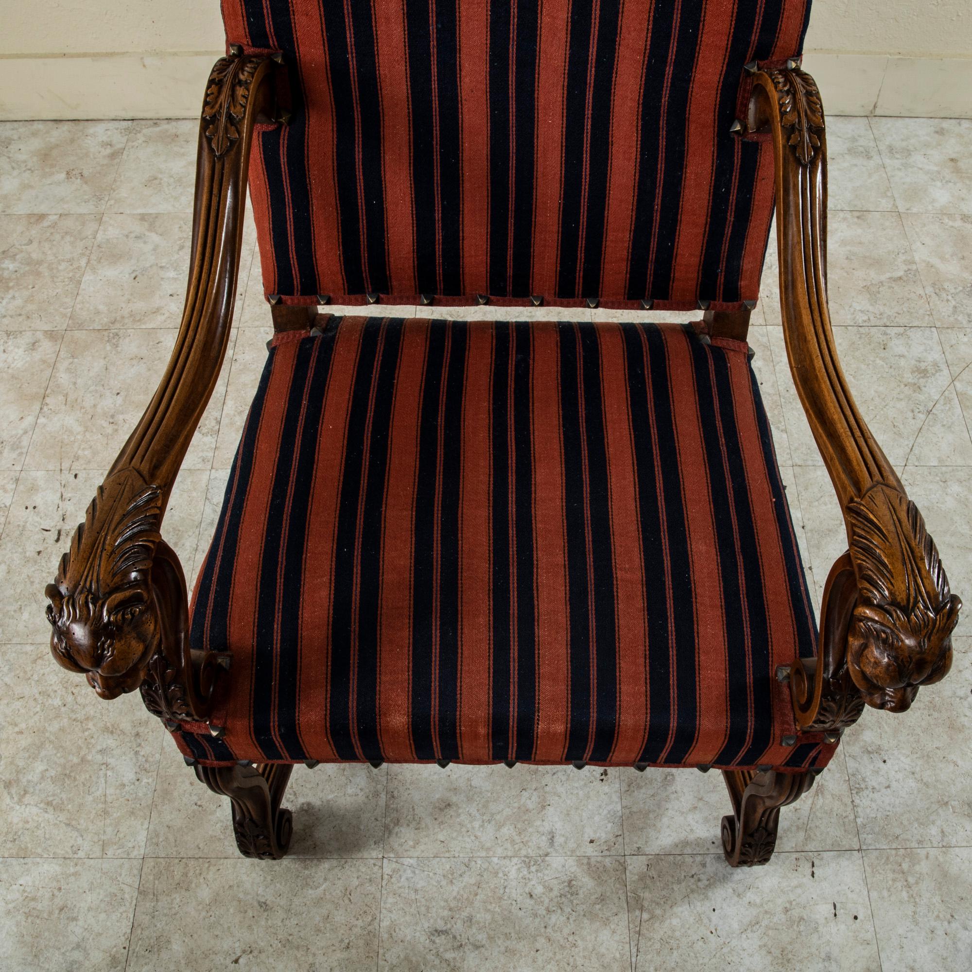 19th Century French Louis XIV Style Hand Carved Walnut Armchairs with Lion Heads For Sale 2
