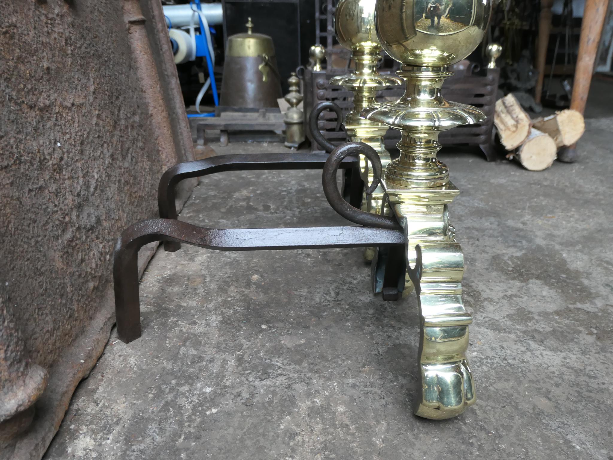 19th Century French Louis XIV Style Polished Brass Andirons or Firedogs For Sale 6