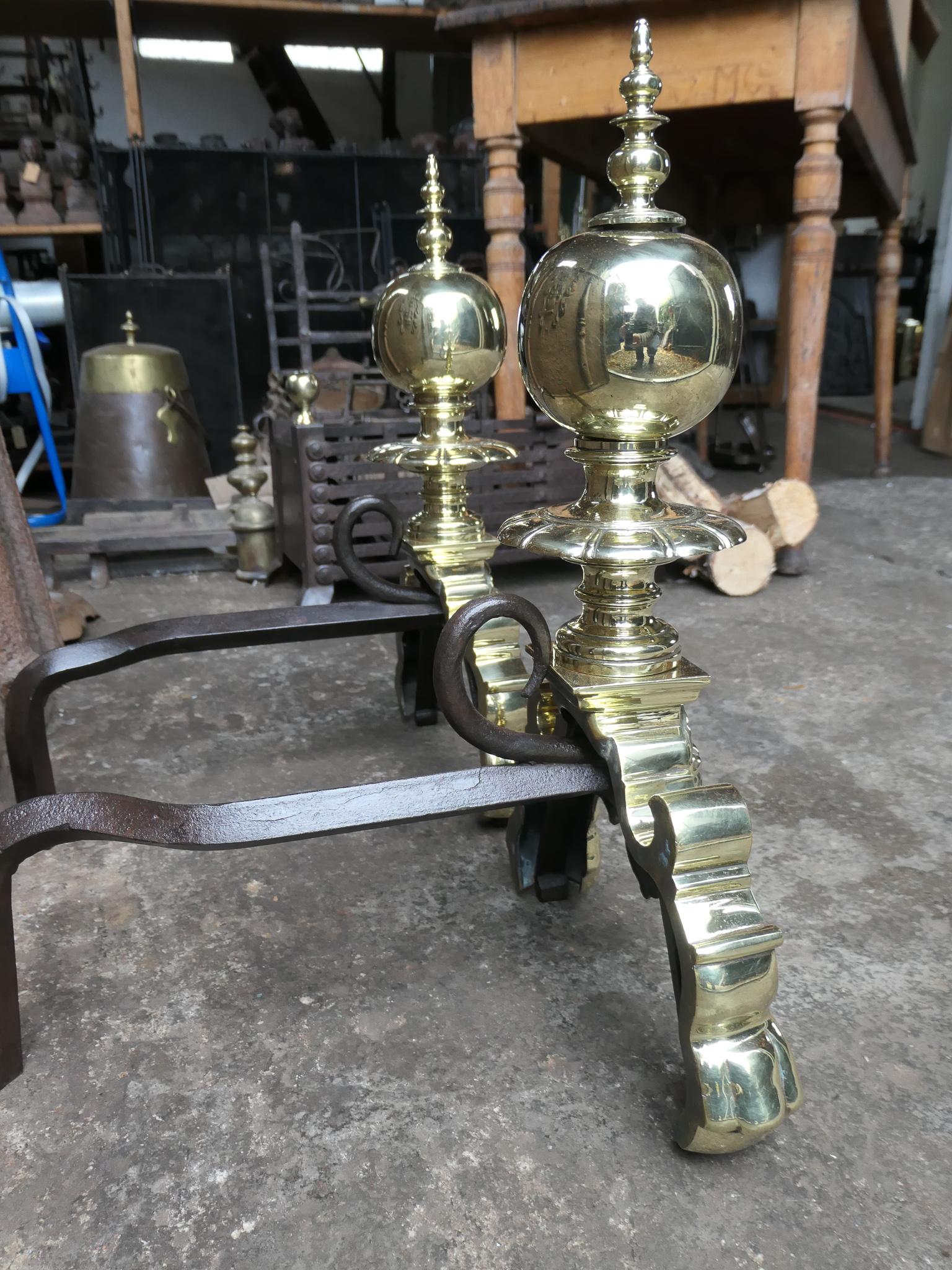 19th Century French Louis XIV Style Polished Brass Andirons or Firedogs For Sale 7