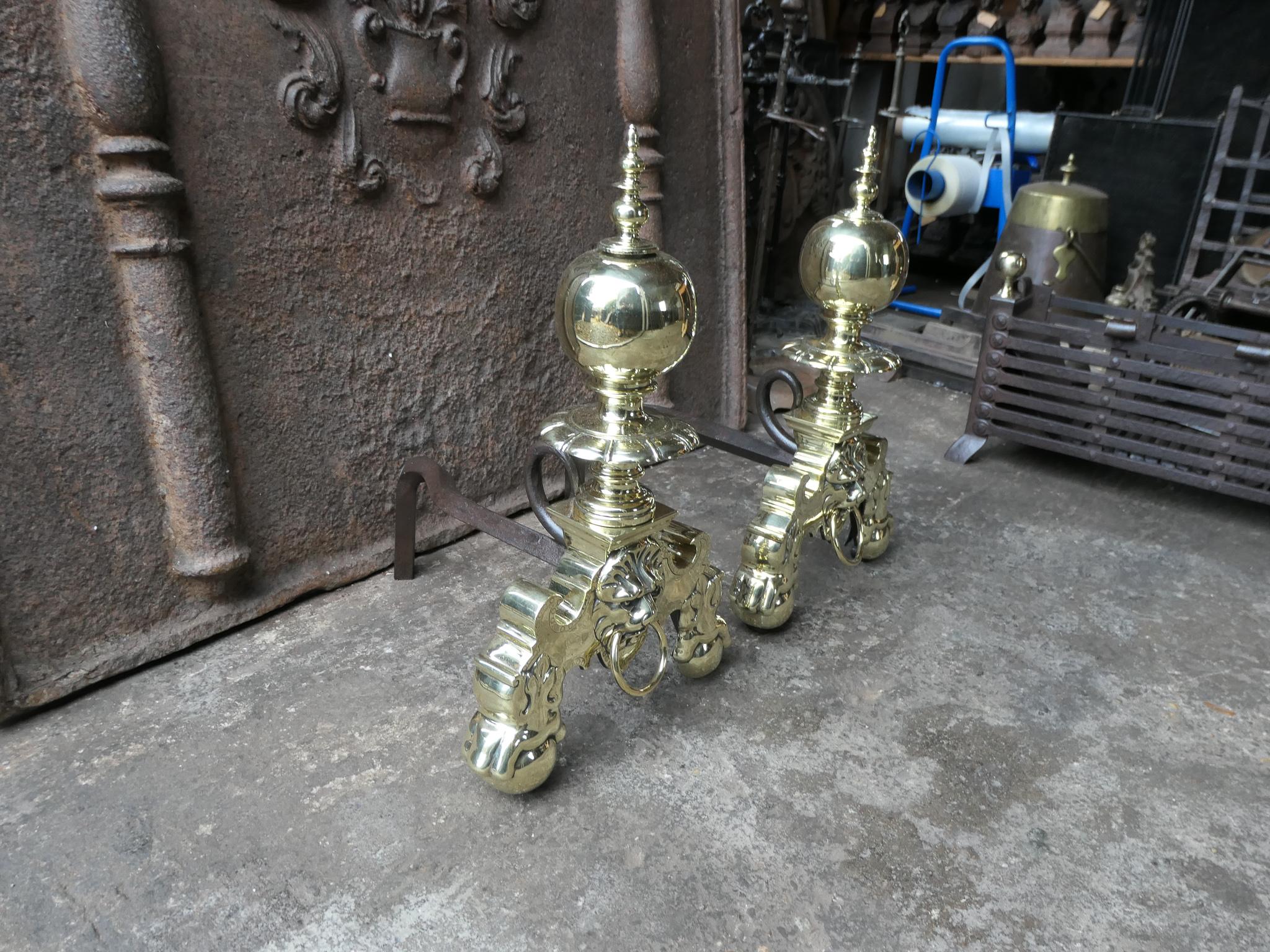 19th Century French Louis XIV Style Polished Brass Andirons or Firedogs For Sale 11