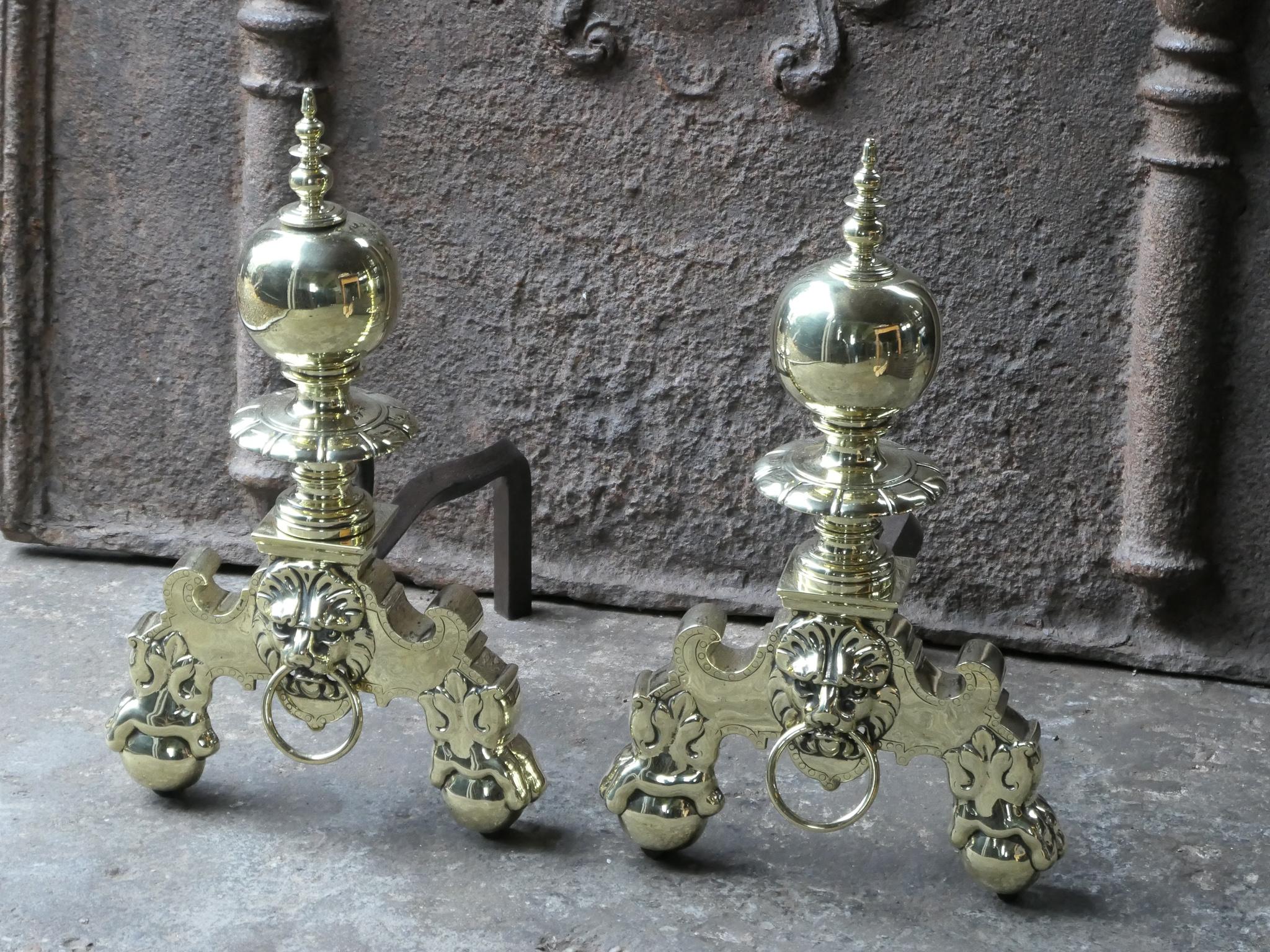 Forged 19th Century French Louis XIV Style Polished Brass Andirons or Firedogs For Sale