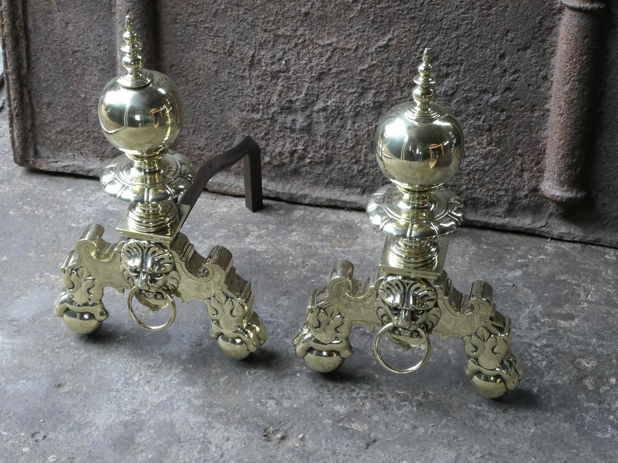 19th Century French Louis XIV Style Polished Brass Andirons or Firedogs In Good Condition For Sale In Amerongen, NL