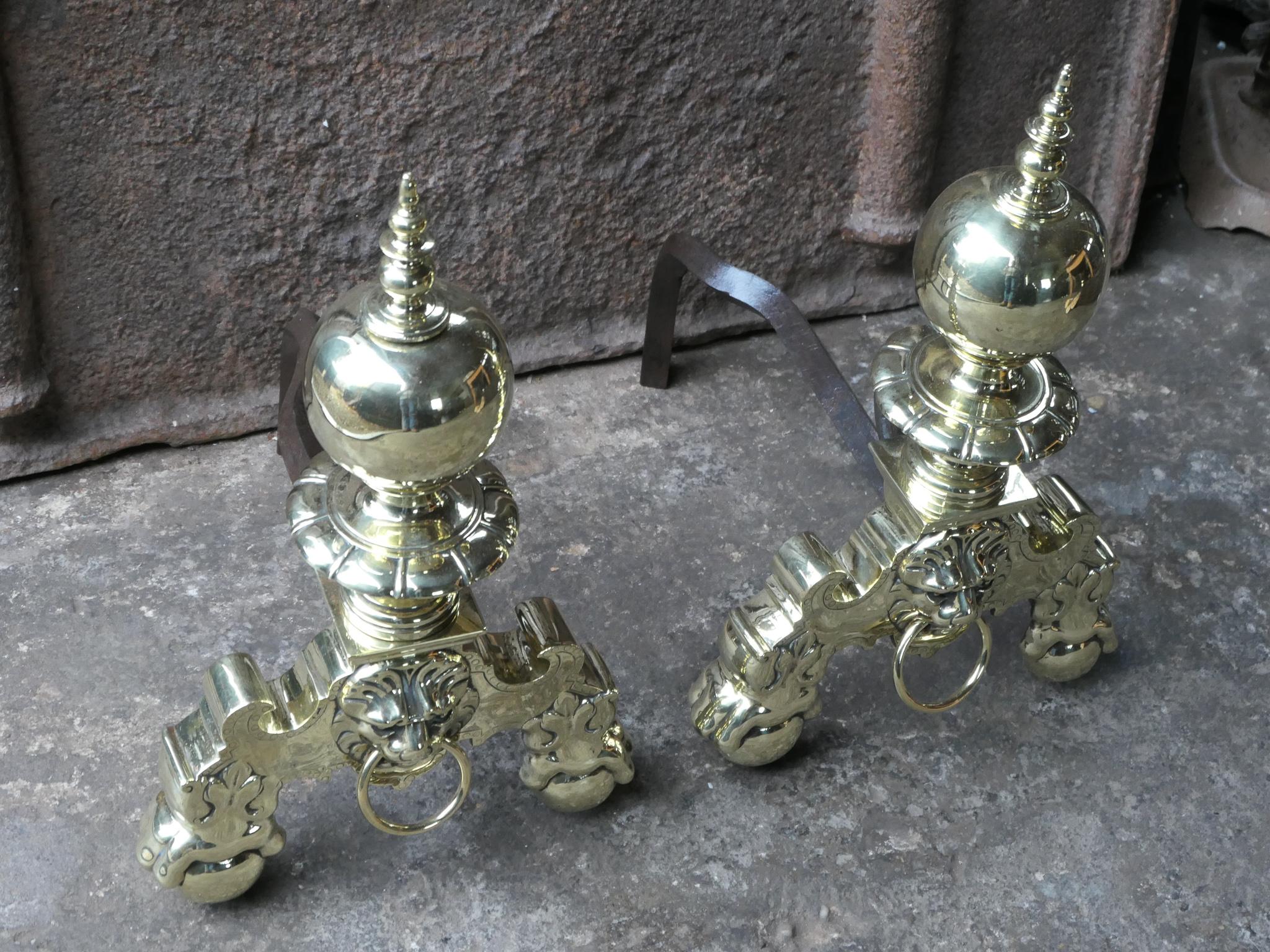19th Century French Louis XIV Style Polished Brass Andirons or Firedogs For Sale 1