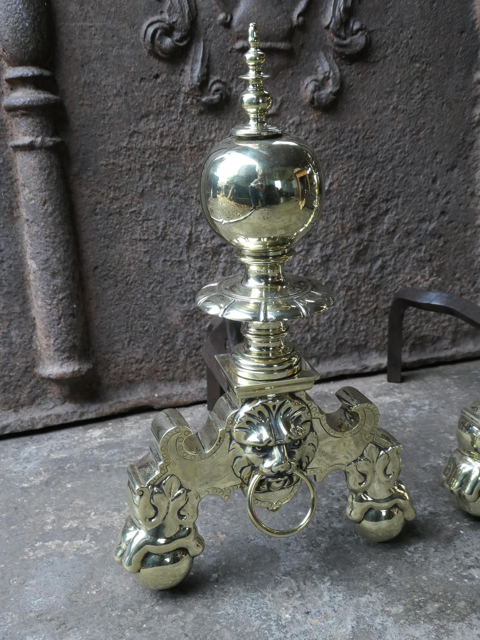19th Century French Louis XIV Style Polished Brass Andirons or Firedogs For Sale 2