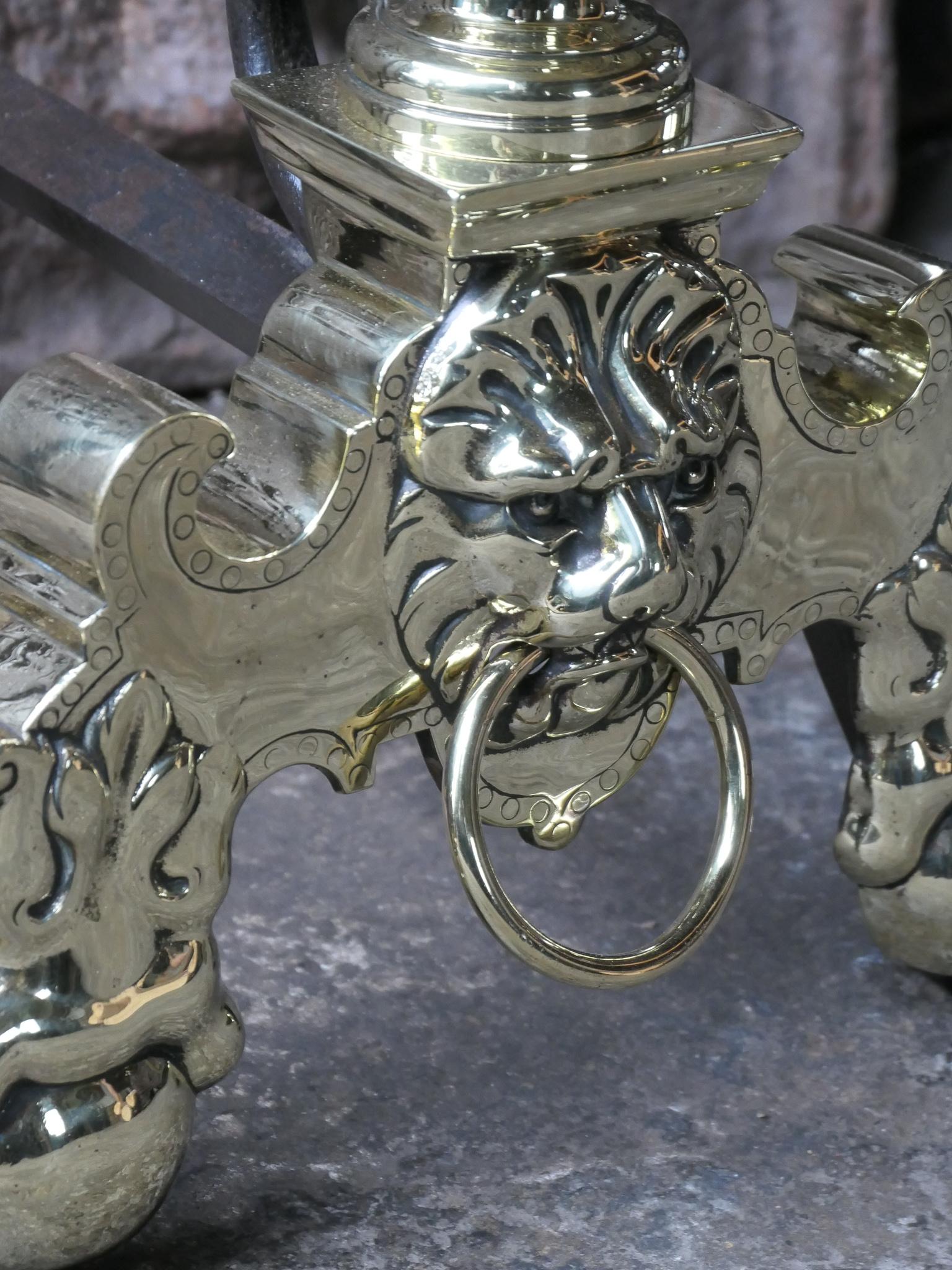 19th Century French Louis XIV Style Polished Brass Andirons or Firedogs For Sale 4