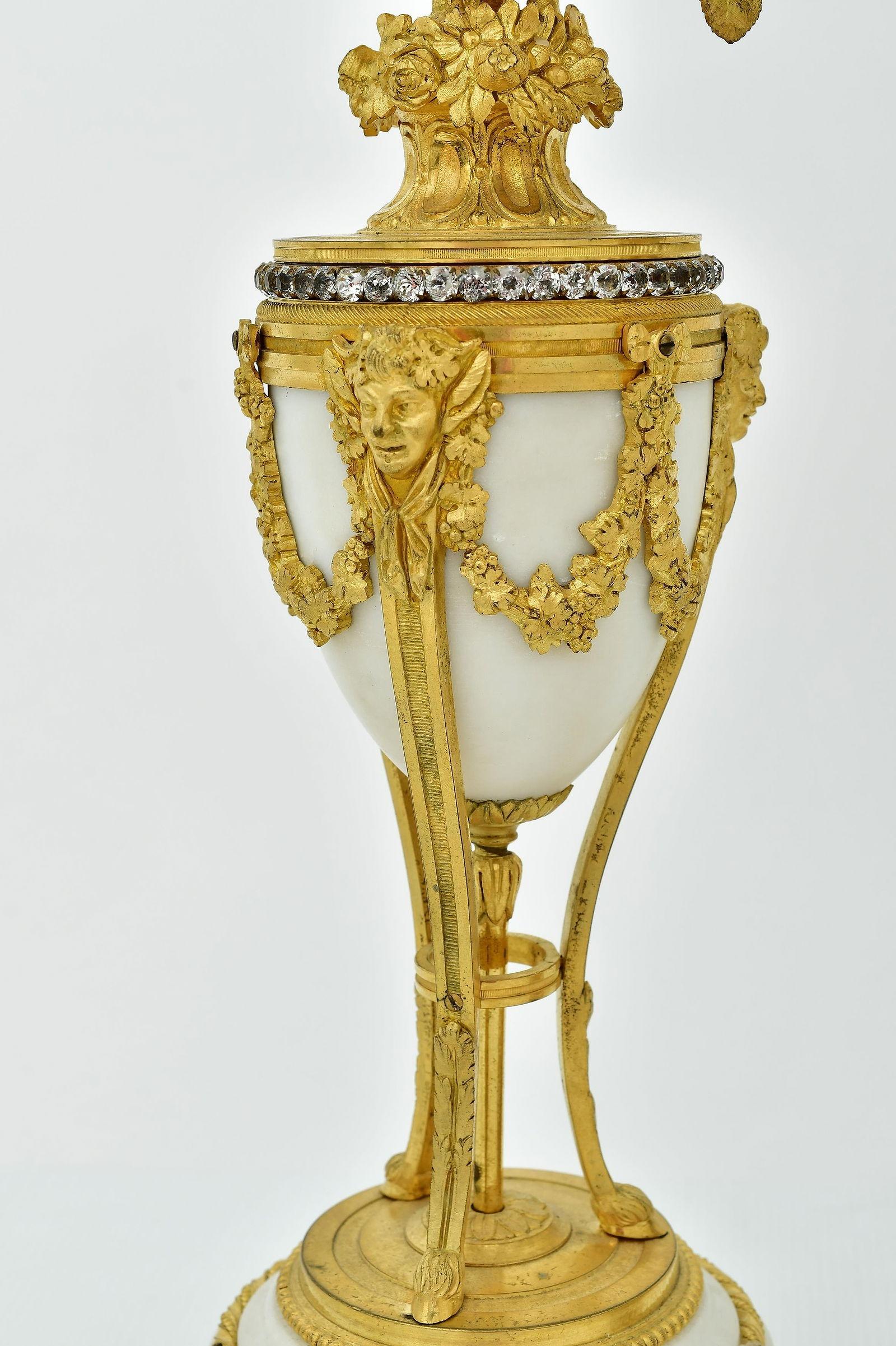 Gilt 19th Century French Louis XIV Style White Marble and Ormolu Bronze Clock Set For Sale