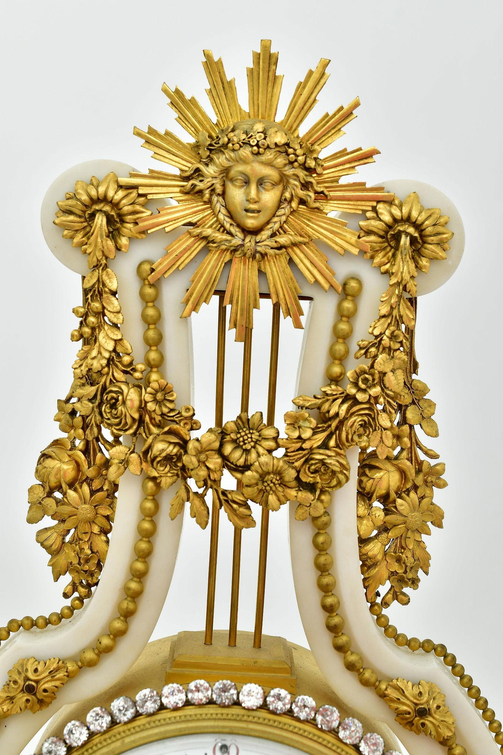 19th Century French Louis XIV Style White Marble and Ormolu Bronze Clock Set For Sale 3