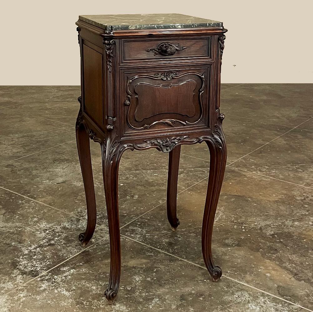 19th Century French Louis XIV Walnut Marble Top Nightstand was crafted from select French walnut and features an elegant yet somewhat restrained design that will add subtle distinctiveness to any room!  Originally designed for the bedroom, since it