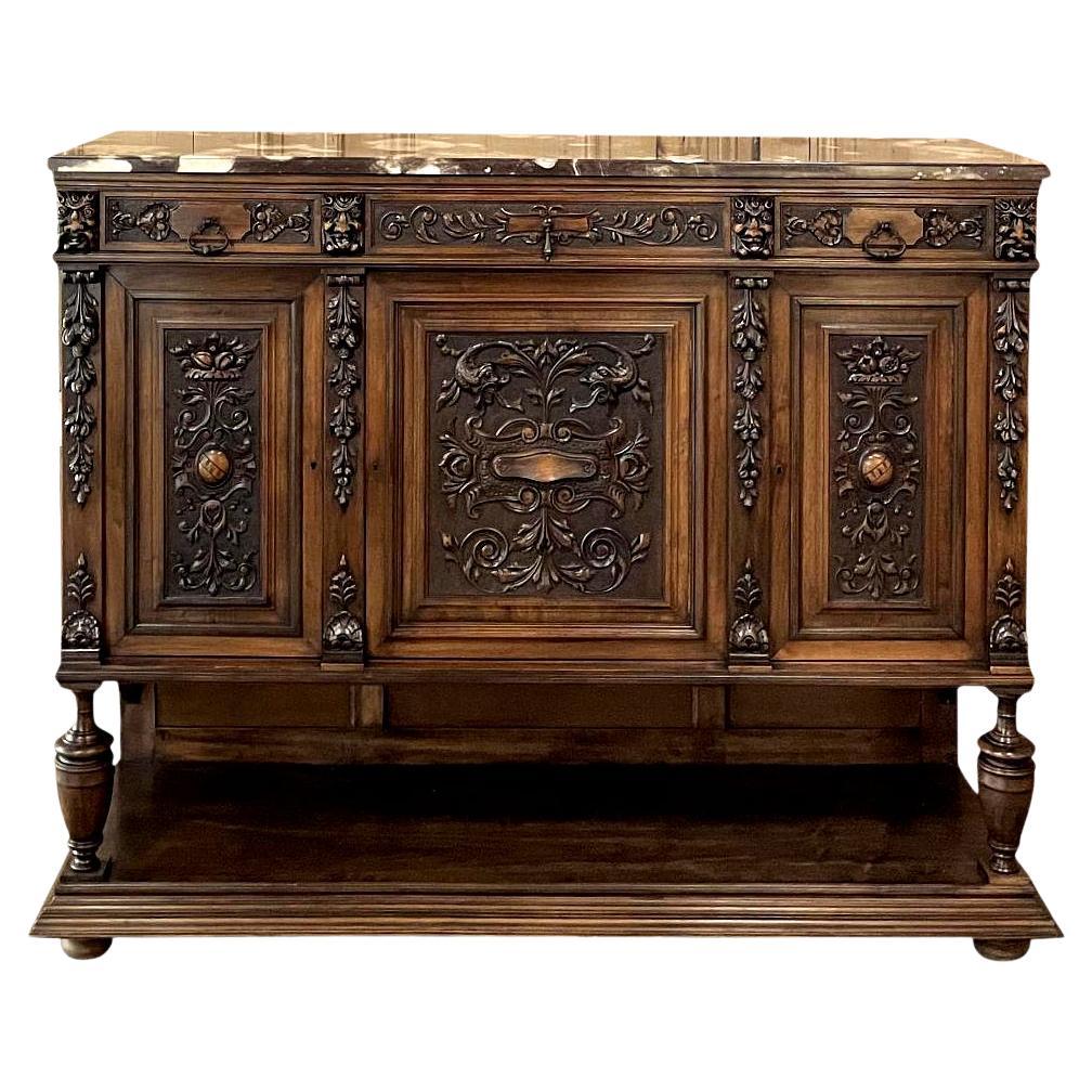 19th Century French Louis XIV Walnut Marble Top Raised Buffet