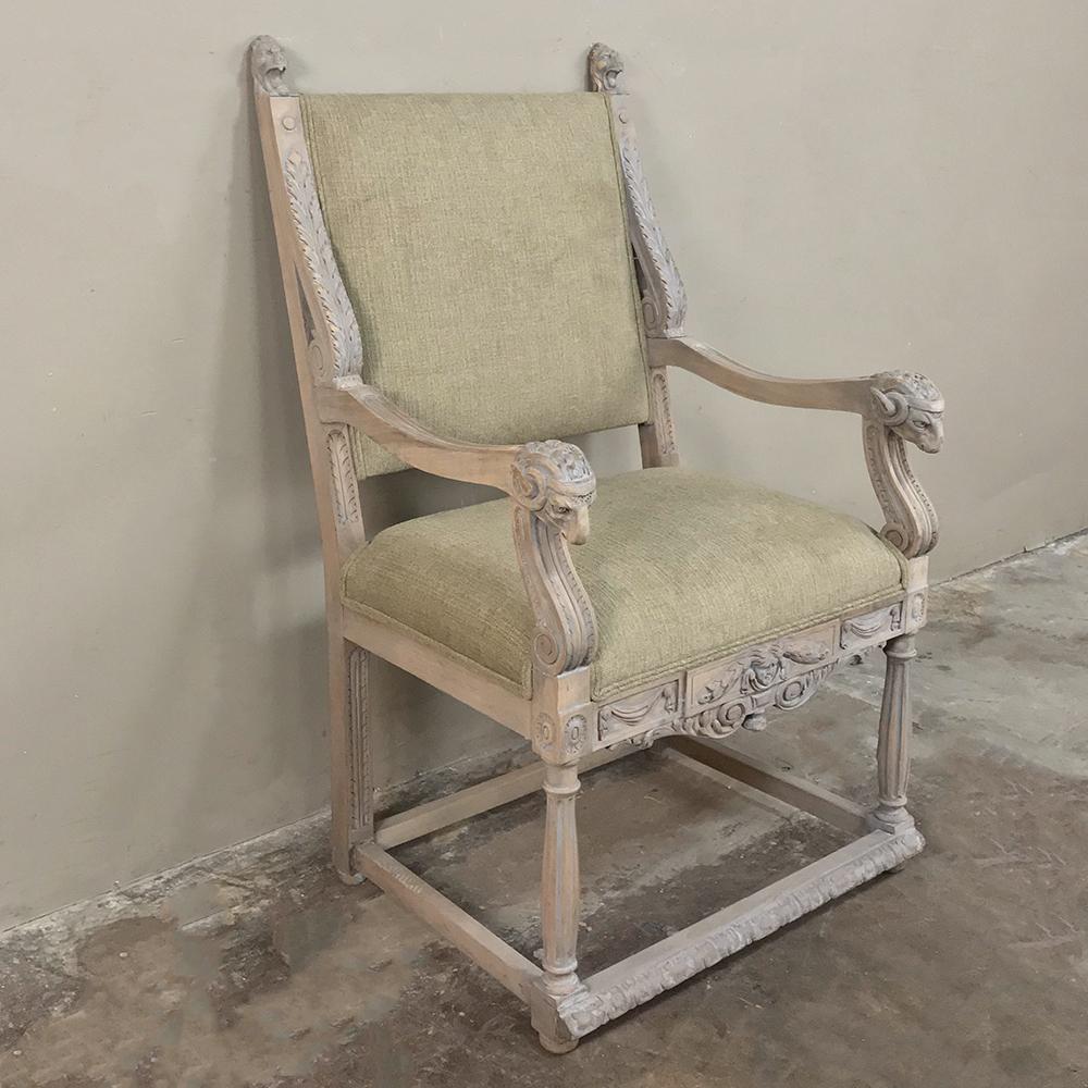 Hand-Carved 19th Century French Louis XIV Whitewashed Armchair with Rams' Heads