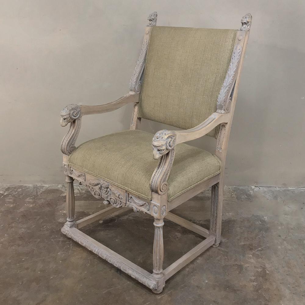 19th Century French Louis XIV Whitewashed Armchair with Rams' Heads In Good Condition In Dallas, TX