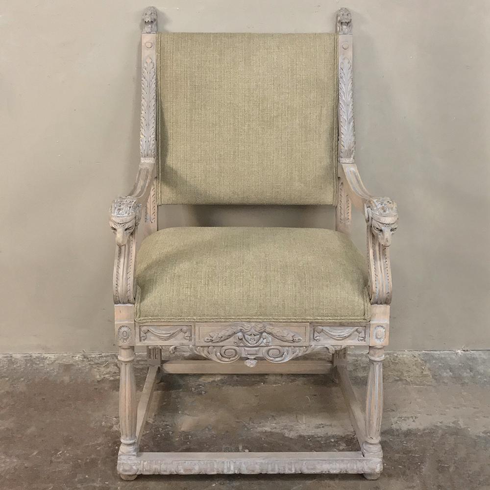 Late 19th Century 19th Century French Louis XIV Whitewashed Armchair with Rams' Heads