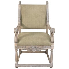 19th Century French Louis XIV Whitewashed Armchair with Rams
 Heads