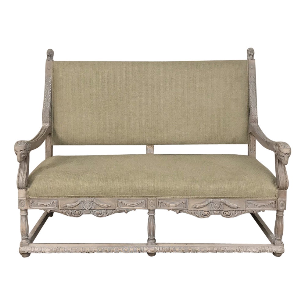 19th Century French Louis XIV Whitewashed Canape with Rams' Heads For Sale