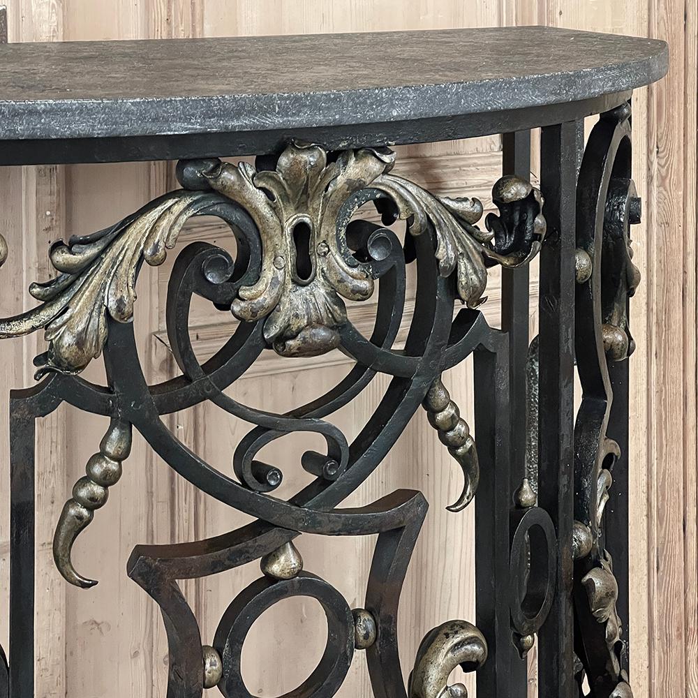 19th Century French Louis XIV Wrought Iron Demilune Console with Black Marble For Sale 5