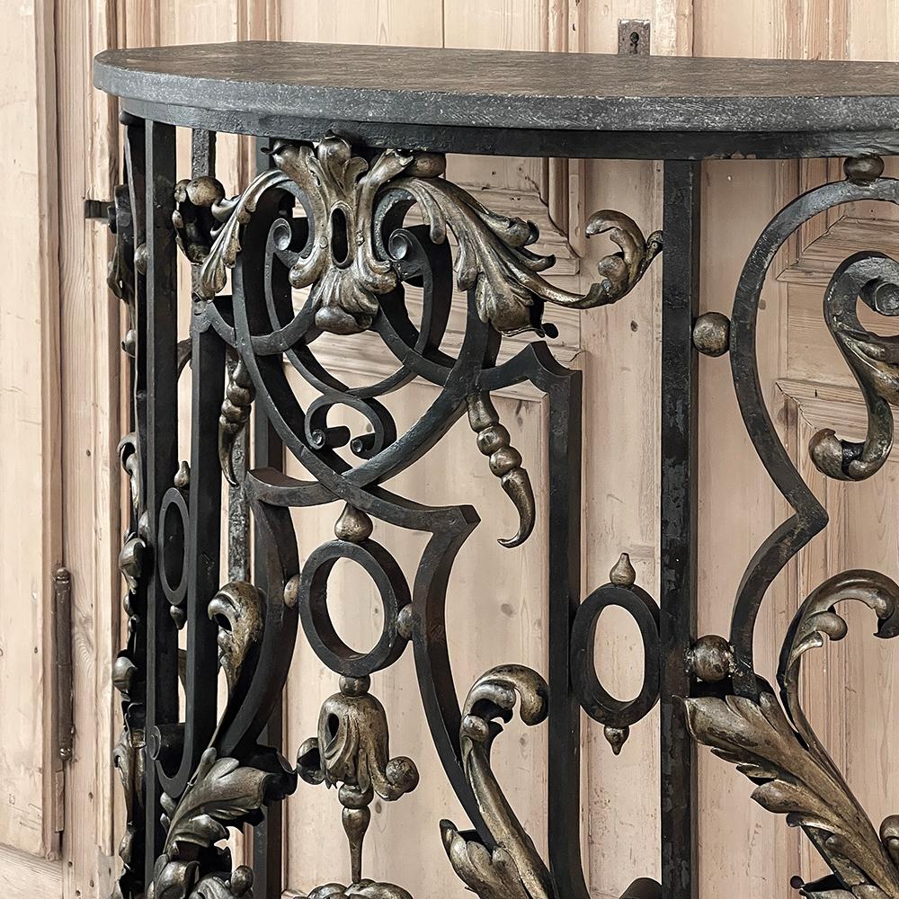 19th Century French Louis XIV Wrought Iron Demilune Console with Black Marble For Sale 9