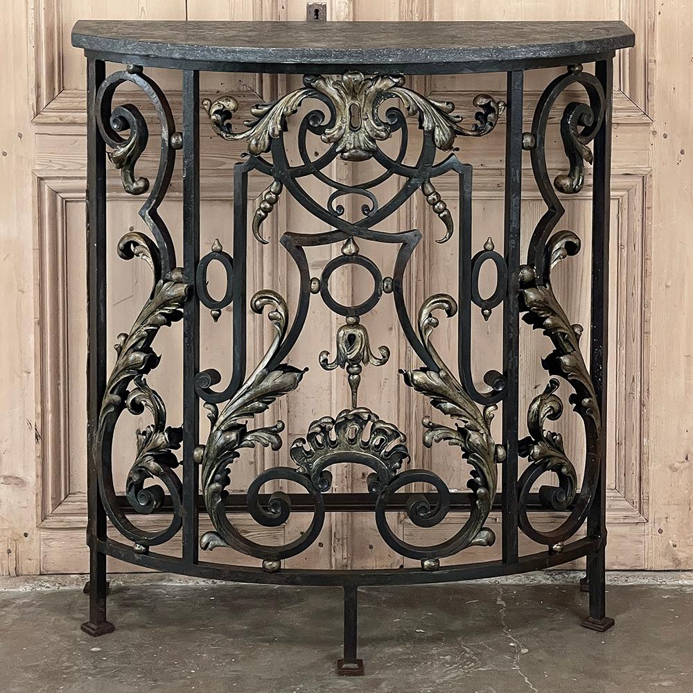 Napoleon III 19th Century French Louis XIV Wrought Iron Demilune Console with Black Marble For Sale