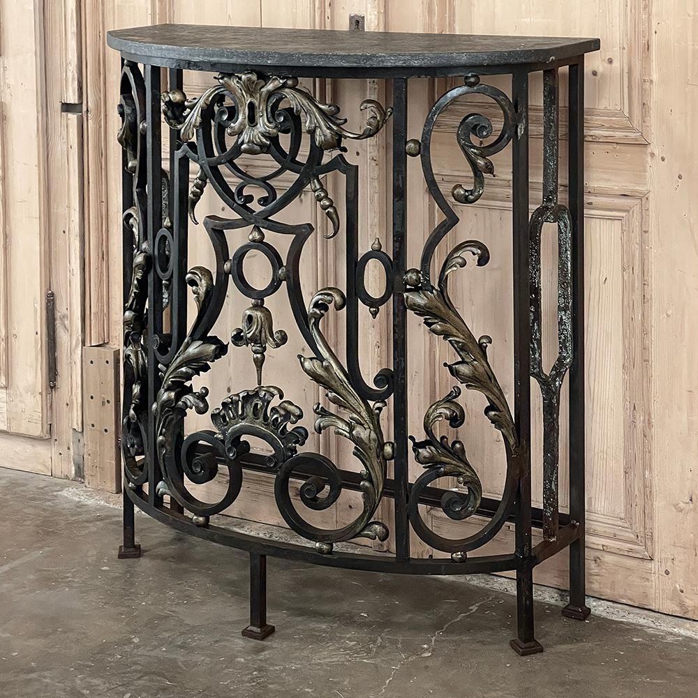 Hand-Crafted 19th Century French Louis XIV Wrought Iron Demilune Console with Black Marble For Sale