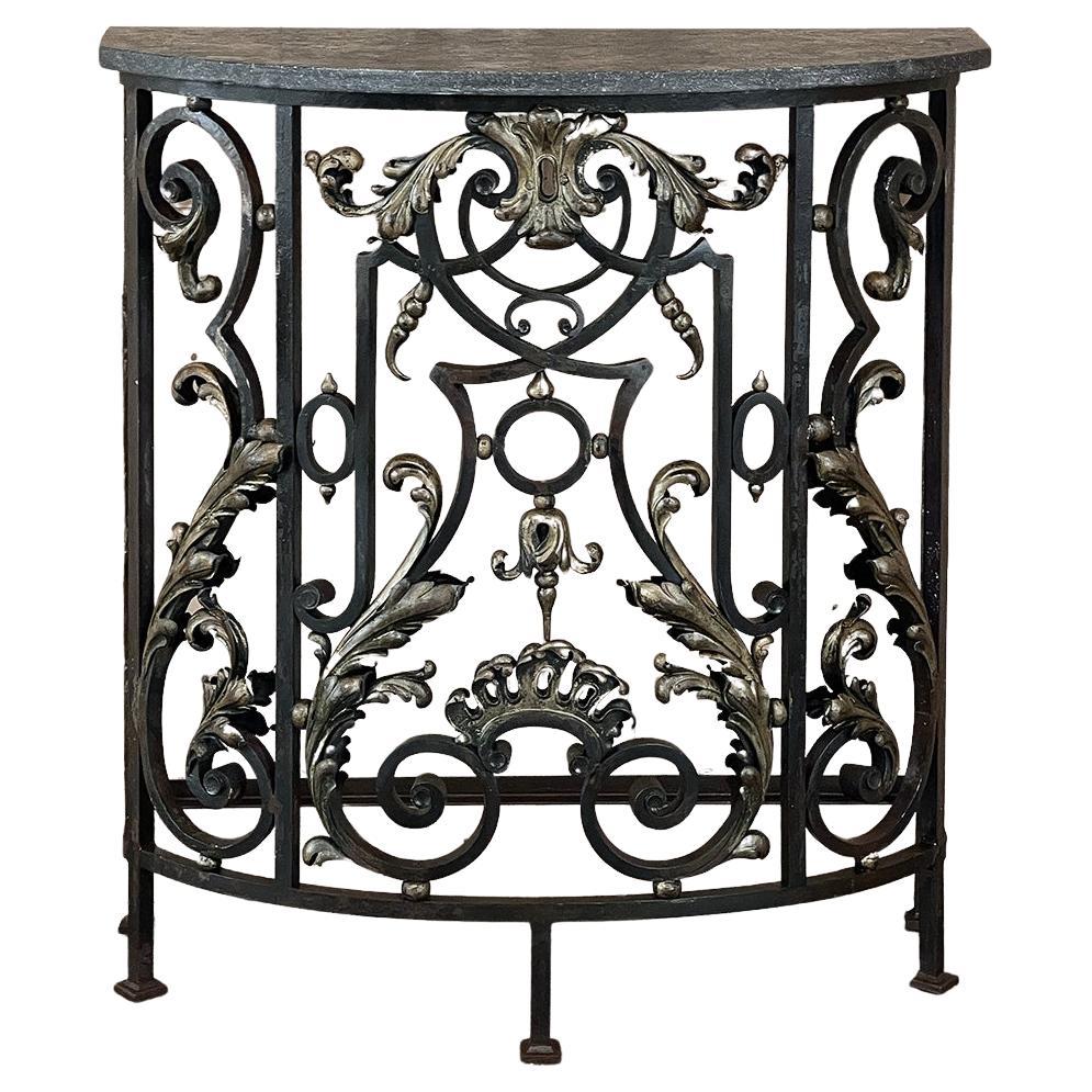 19th Century French Louis XIV Wrought Iron Demilune Console with Black Marble For Sale