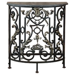 Antique 19th Century French Louis XIV Wrought Iron Demilune Console with Black Marble