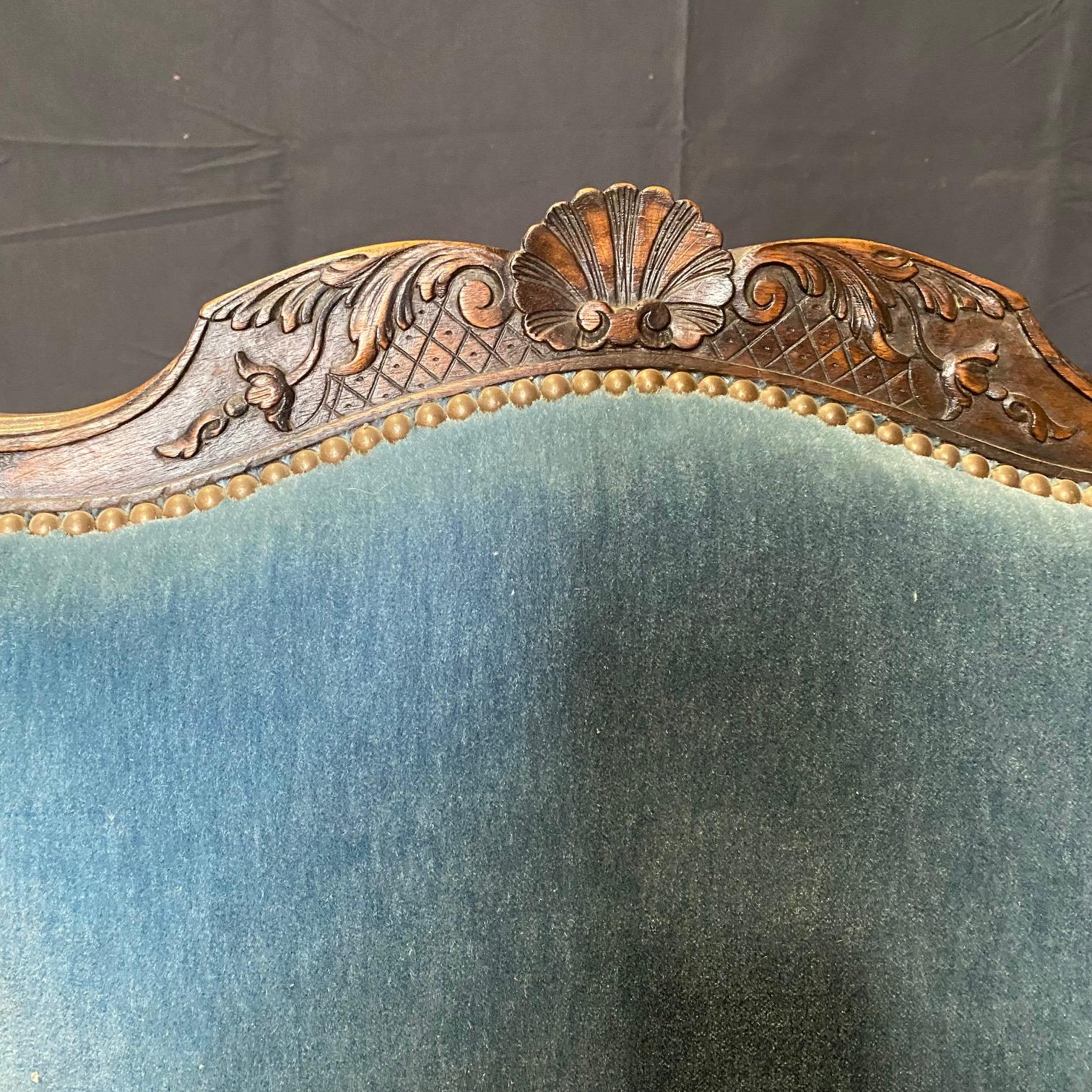 19th Century French Louis XV Armchairs with Original Blue Mohair Upholstery For Sale 2