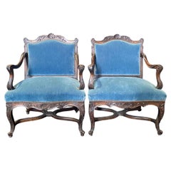19th Century French Louis XV Armchairs with Original Blue Mohair Upholstery