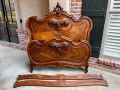 19th century French Louis XV Bed Carved Walnut Rococo European Size with Rails