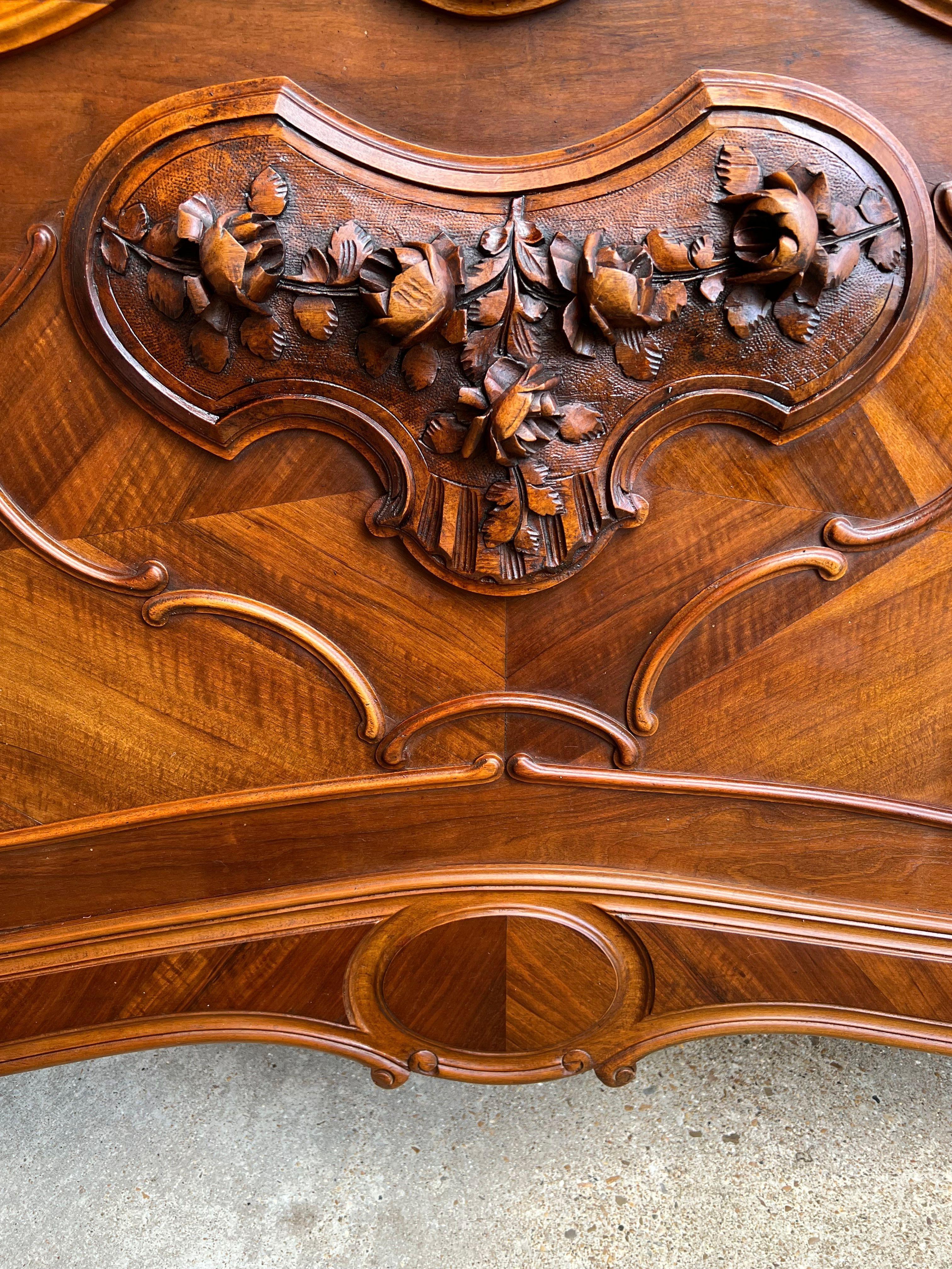 Hand-Carved 19th century French Louis XV Bed Carved Walnut Rococo European Size with Rails