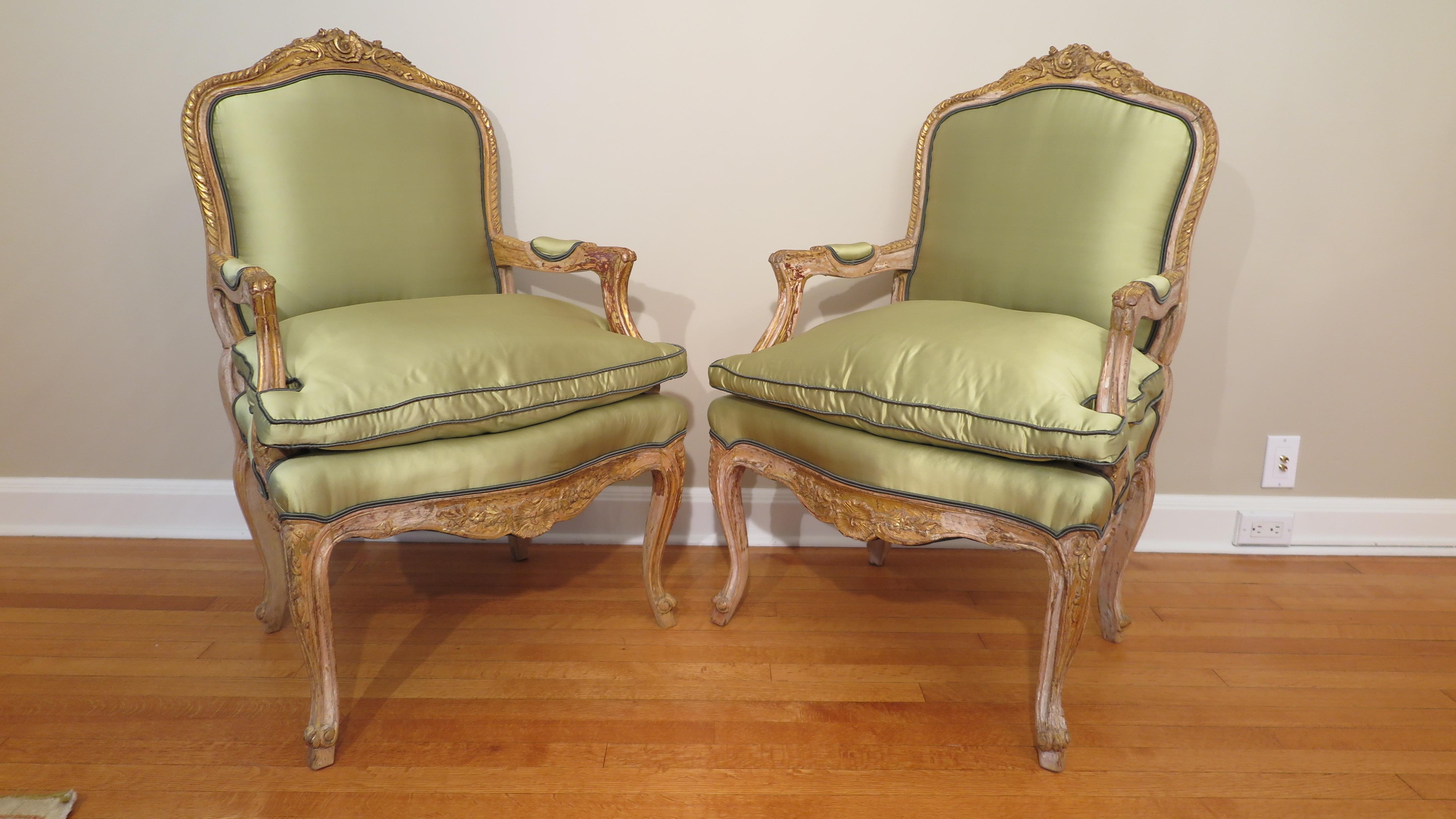 Silk 19th Century French Louis XV Bergères Chairs