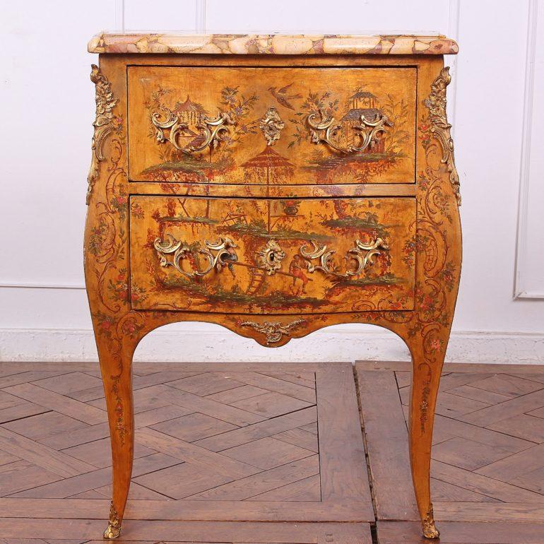 A rare French Louis XV style ‘bombe’ commode with hand-applied chinoiserie lacquer decoration and finely-cast gilt bronze mounts. The piece retains its original shaped marble top and is in excellent original condition, circa 1900.

 