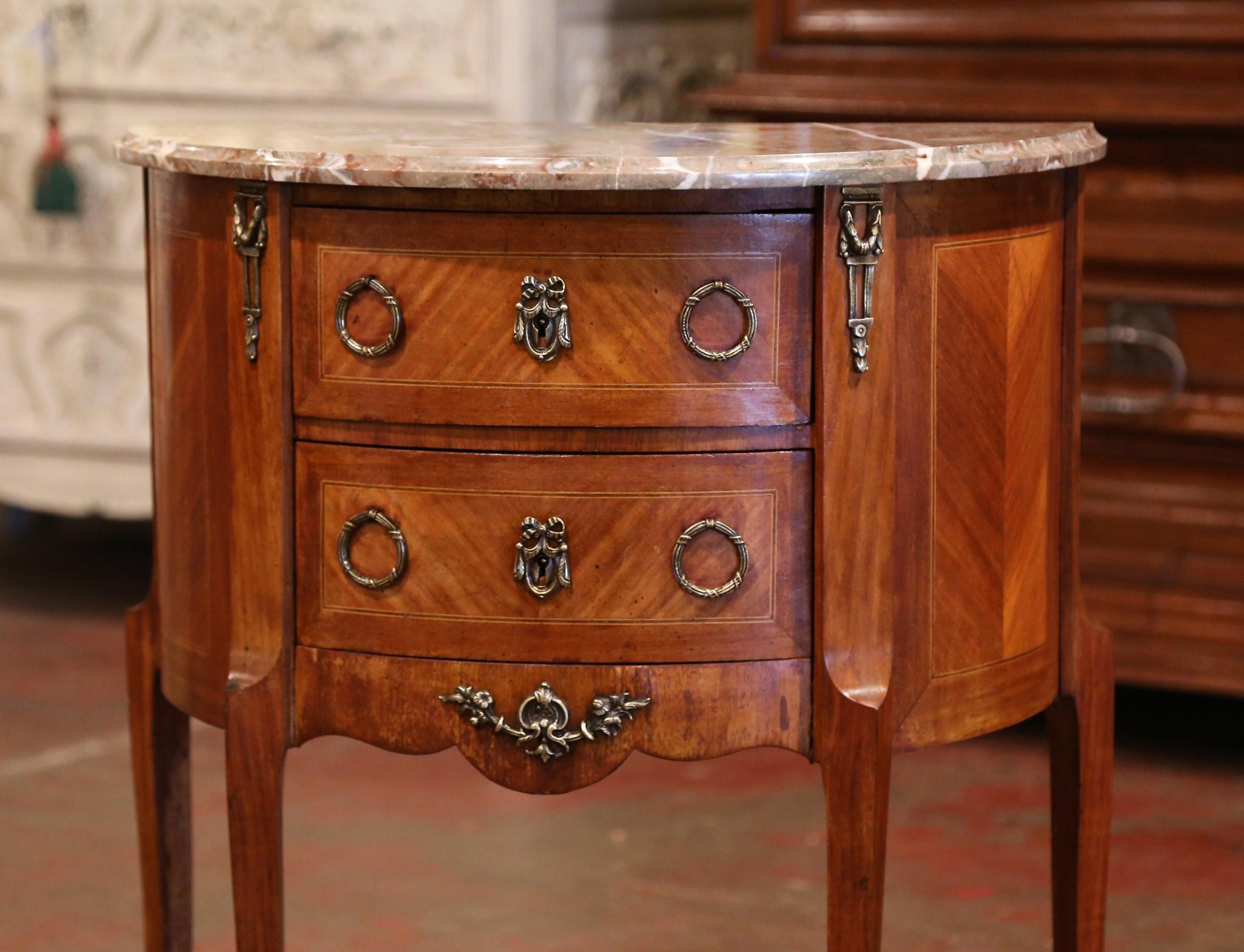 Patinated 19th Century French Louis XV Bombe Demilune Marquetry Commode with Marble Top