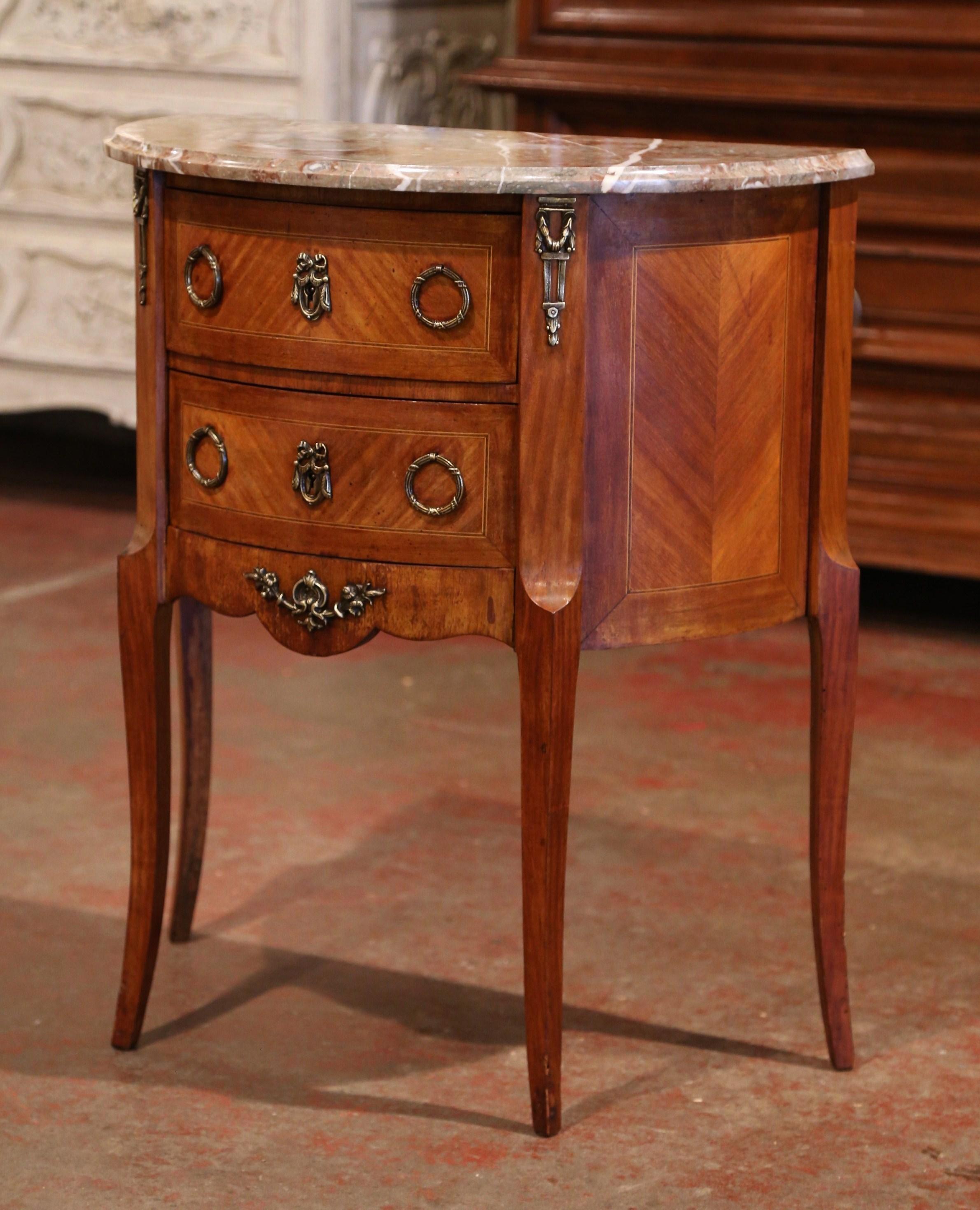 19th Century French Louis XV Bombe Demilune Marquetry Commode with Marble Top In Excellent Condition In Dallas, TX