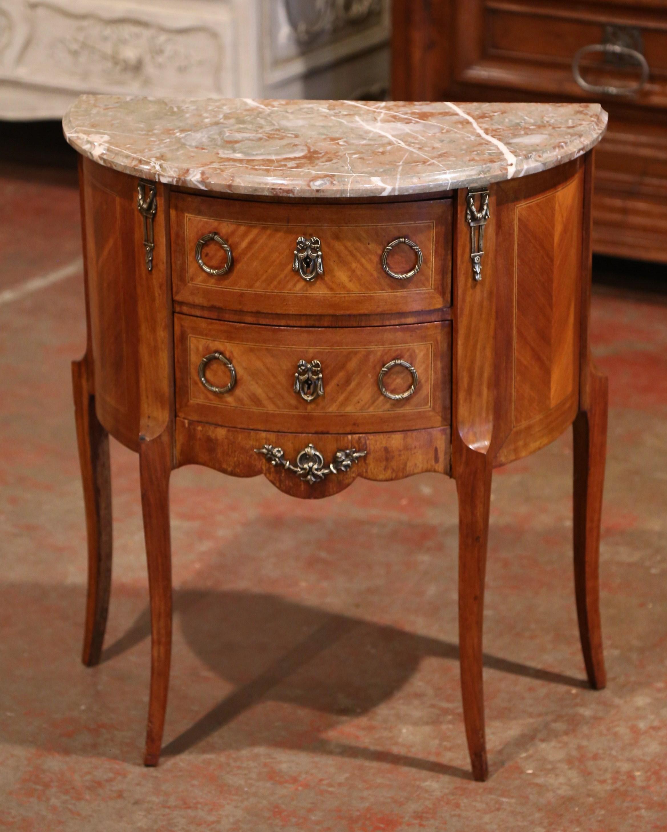 19th Century French Louis XV Bombe Demilune Marquetry Commode with Marble Top 3