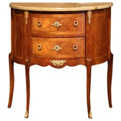 Antique 19th Century French Louis XV Bombe Demilune Marquetry Commode with Marble Top